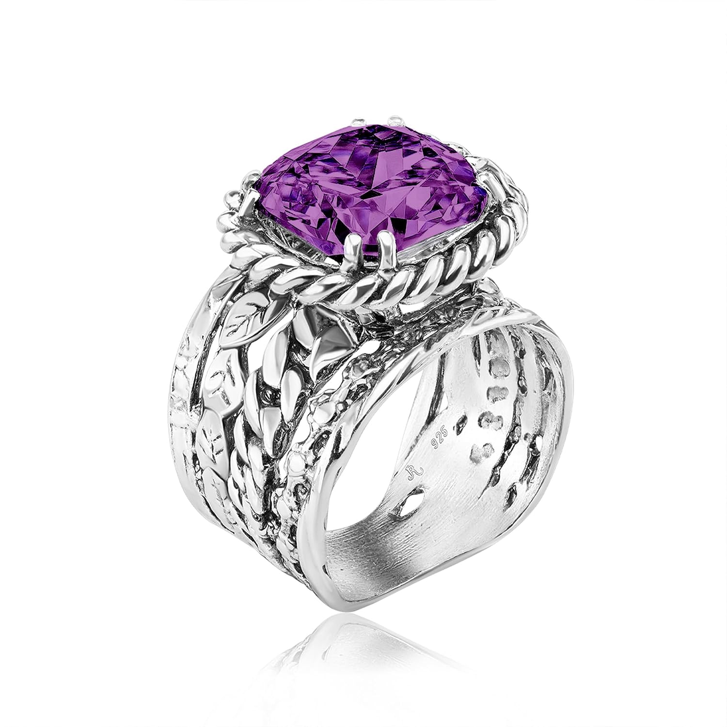 JEAN RACHEL JEWELRY 925 Sterling Silver Ring - Braid & Leaf Vintage Design with Cushion Cubic Zirconia - Hypoallergenic, Lead & Nickel Free - Artisan Handcrafted Statement Rings... - Image 9