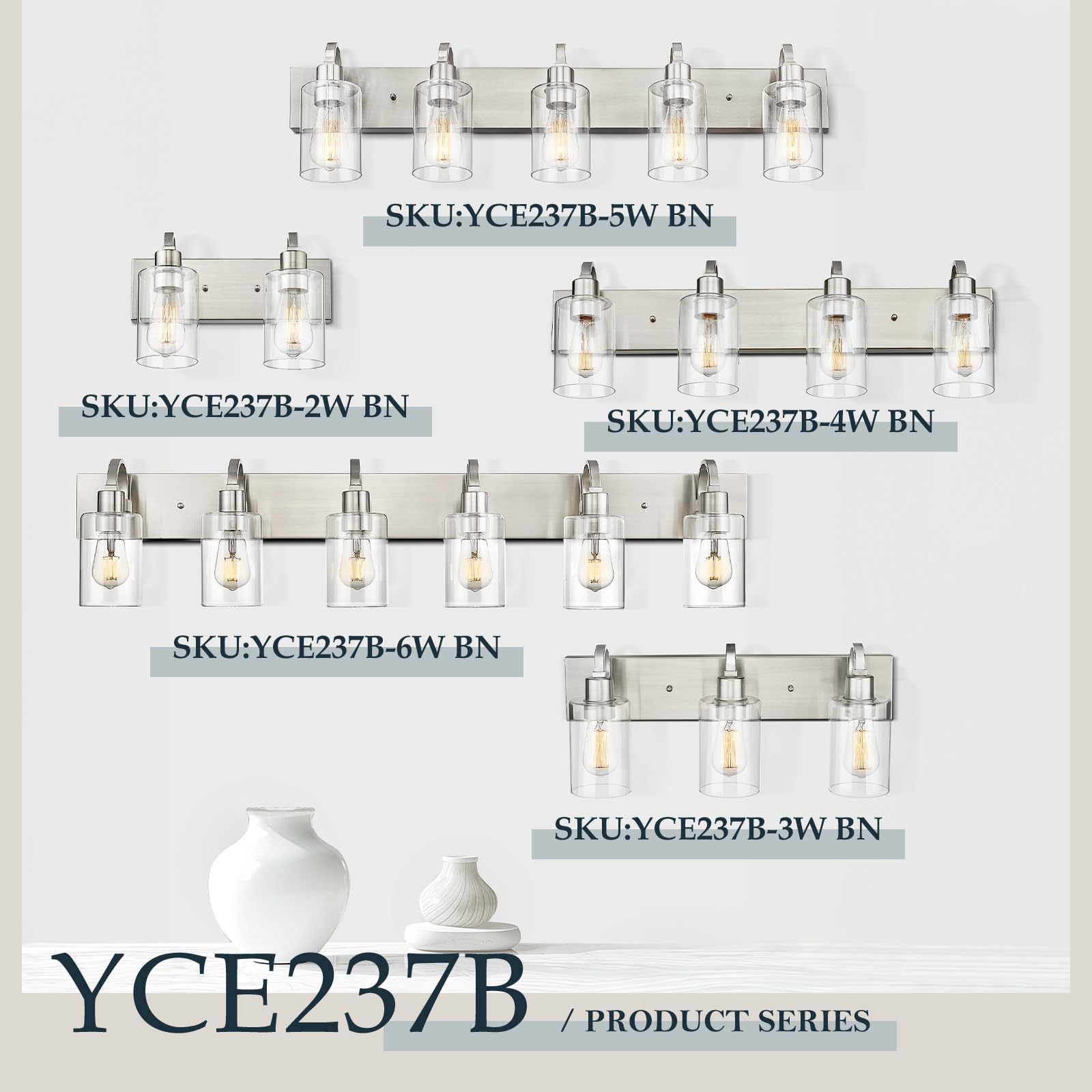 Emliviar Large Bathroom Wall Light, 6-Light Industrial Bathroom Lighting Fixtures Over Mirror, Brushed Nickel Finish with Clear Glass, YCE237B-6W BN