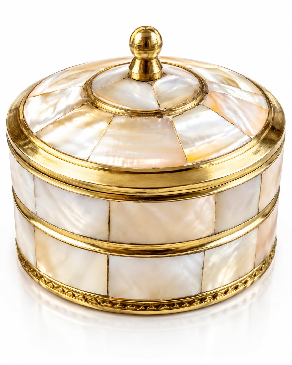 Mother of Pearl Round Jewellery Box with Brass Finish | Decorative Kumkum Container for Pooja, Ring & Earring Storage | Luxury Wedding Return Gift & Festive Décor-image-12