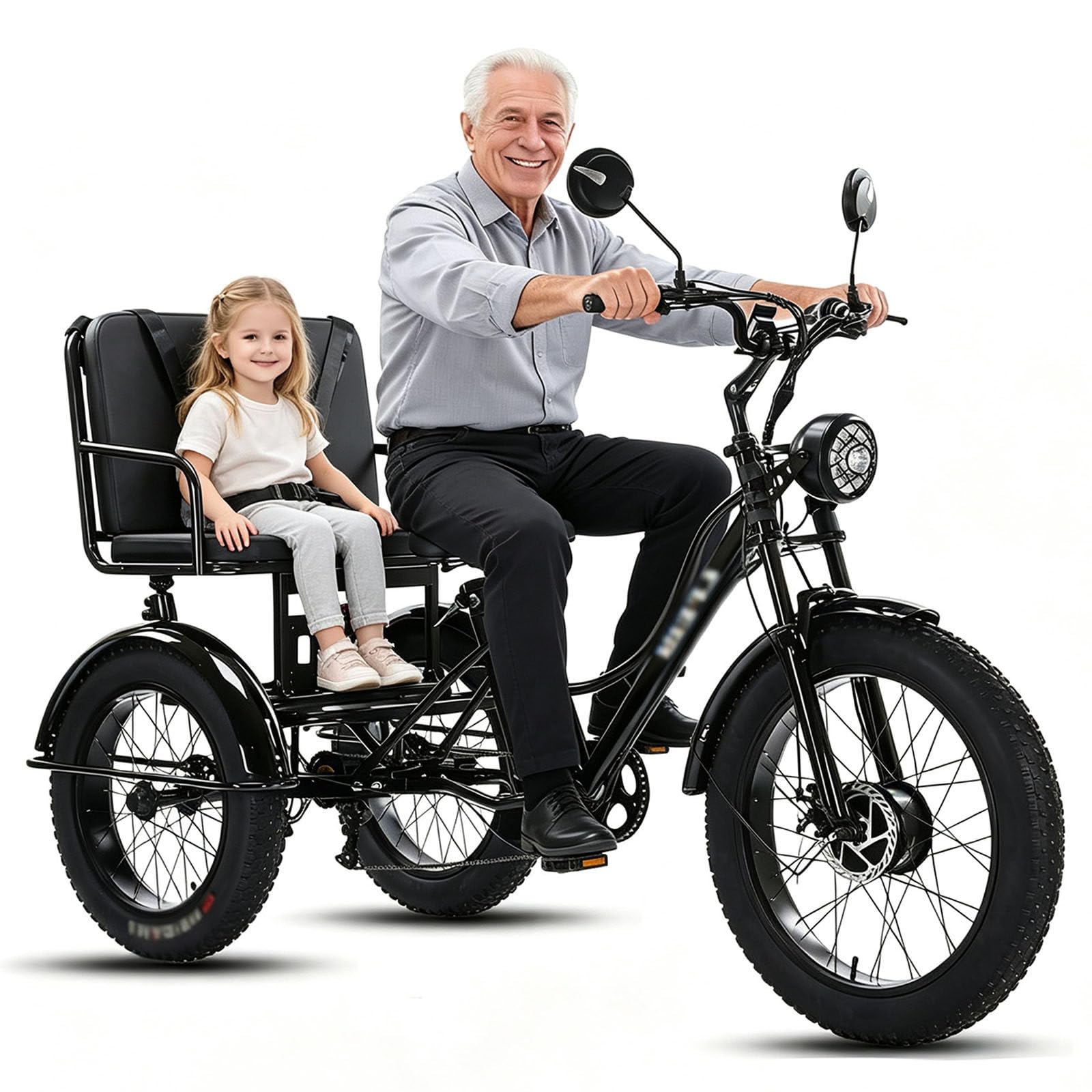 Triciclo Elettrico per Adulti Con Pneumatici Larghi E Cestino, 20 * 4,0 Pollici, 7 Velocità, Telaio in Acciaio Al Carbonio,Triciclo Elettrico Da Carico per Anziani Black-withseat