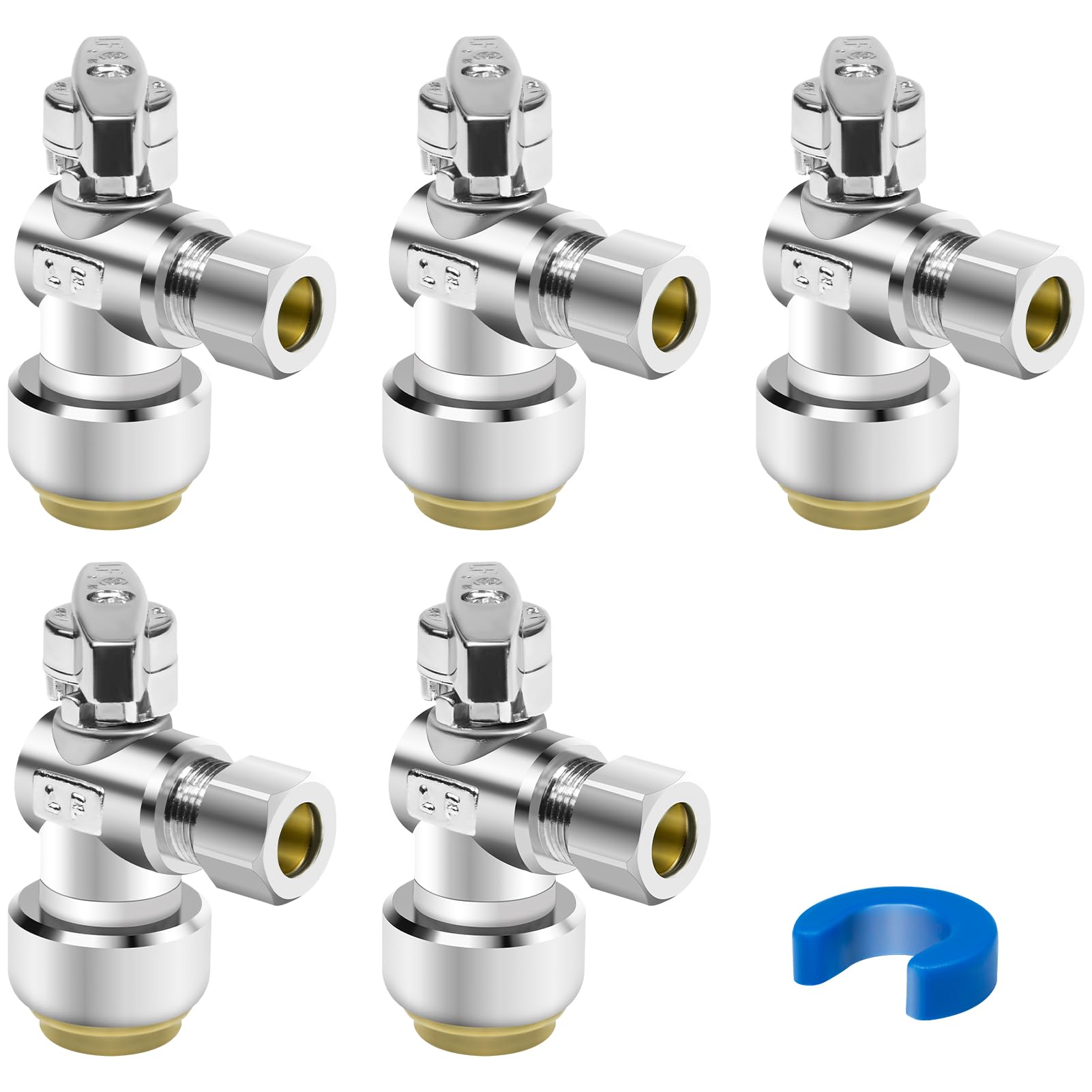 5PCS Angle Stop Valve, 1/2 x 3/8 Inch Compression Angle Water Shut Off Valve, Toilet Faucet Valve, Pushfit 1/4 Turn, No Lead Brass Push to Connect Plumbing Fitting for Copper, CPVC, PE-RT, PEX Pipe