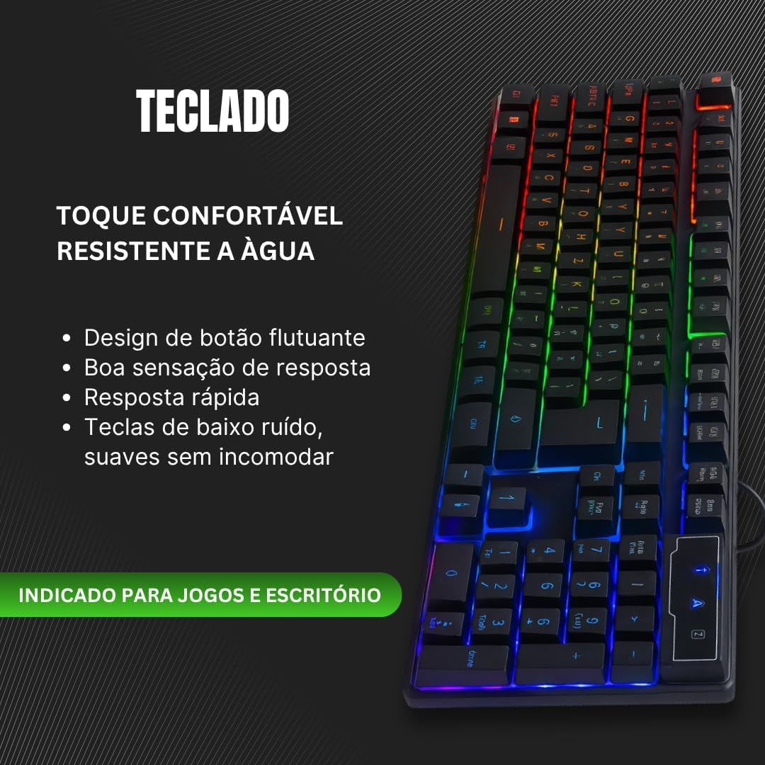 Kit Teclado e Mouse Gamer com Fio RGB ABNT2 – Iluminação LED, Anti-Ghosting, 1600 DPI, USB Plug & Play para PC e Notebook, com Digitação Silenciosa, Confortável e Precisa.