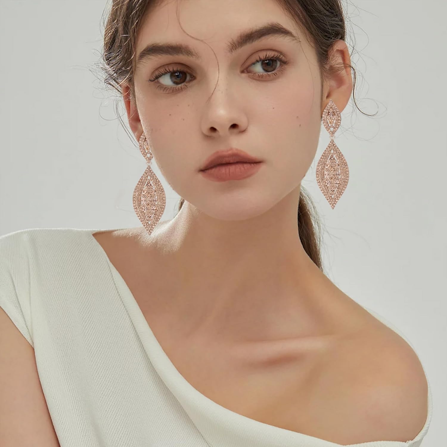 Flyonce Wedding Jewelry Set Rhinestone Crystal Bridal Leaf Necklace Drop Dangle Chandelier Earrings Sets for Women