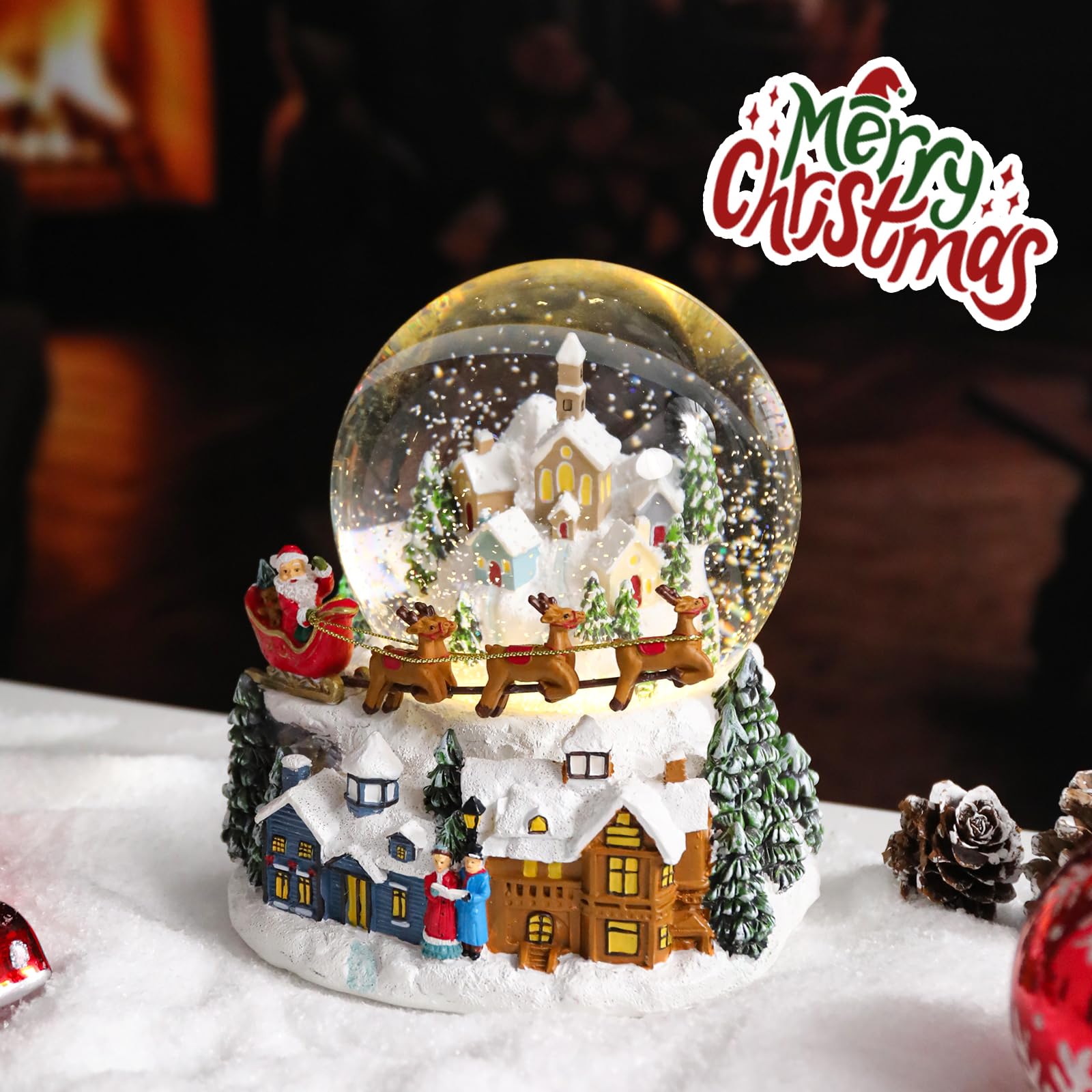 Taman Christmas Snow Globe, Santa Claus Rides an Elk Sleigh Musical Snowglobe with Swirling Glitter Snowflakes Lighted Christmas Decorations Tabletop Home Décor