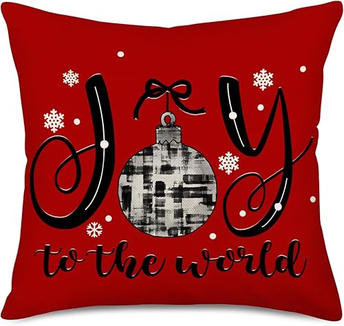Smilyard Joy to The World - Fundas de almohada de 18 x 18 pulgadas, color rojo, negro y blanco, a cuadros, cascabel, copo de nieve, decoración de