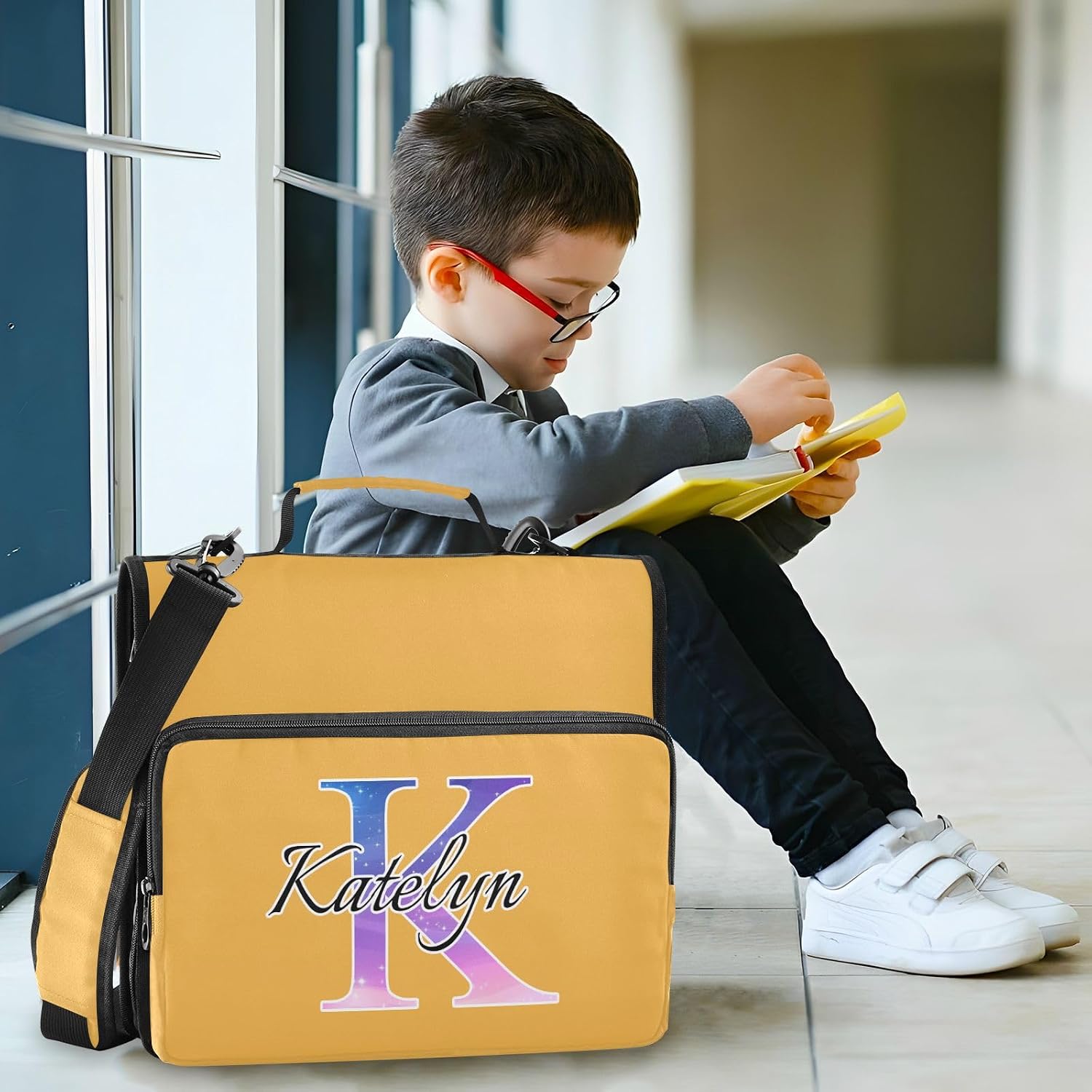 Aslsiy Custom Name Kids Zipper Binder Yellow Amber and Orange 1.5 inch 3-Ring Personalized Binder Organizer for School Office Supplies