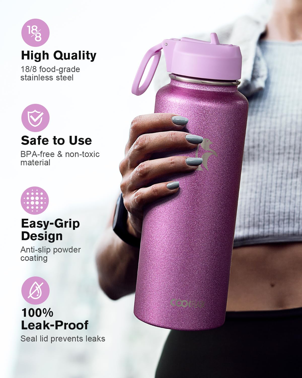 Coolflask Borraccia termica con cannuccia, in acciaio inox, con 3 coperchi, per sport o ufficio, mantiene il freddo fino a 48 ore e caldo per 24 ore, rosa glitterato