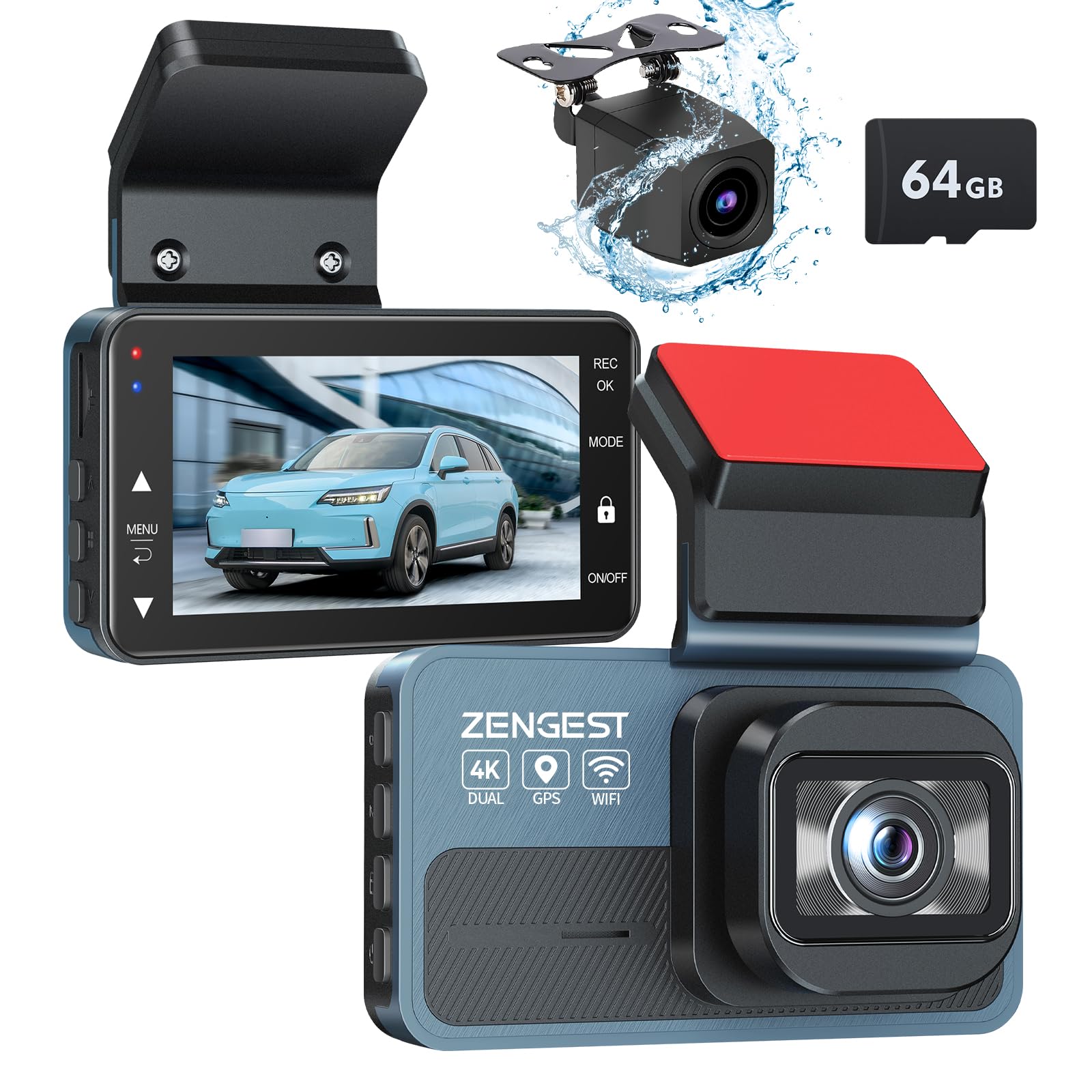 Cámara de salpicadero delantera y trasera, cámara dual para coche 4K, 5 GHz, WiFi GPS, pantalla táctil IPS de 3 pulgadas, 64 GB, visión nocturna, gran angular de 170°, modo de estacionamiento 24H