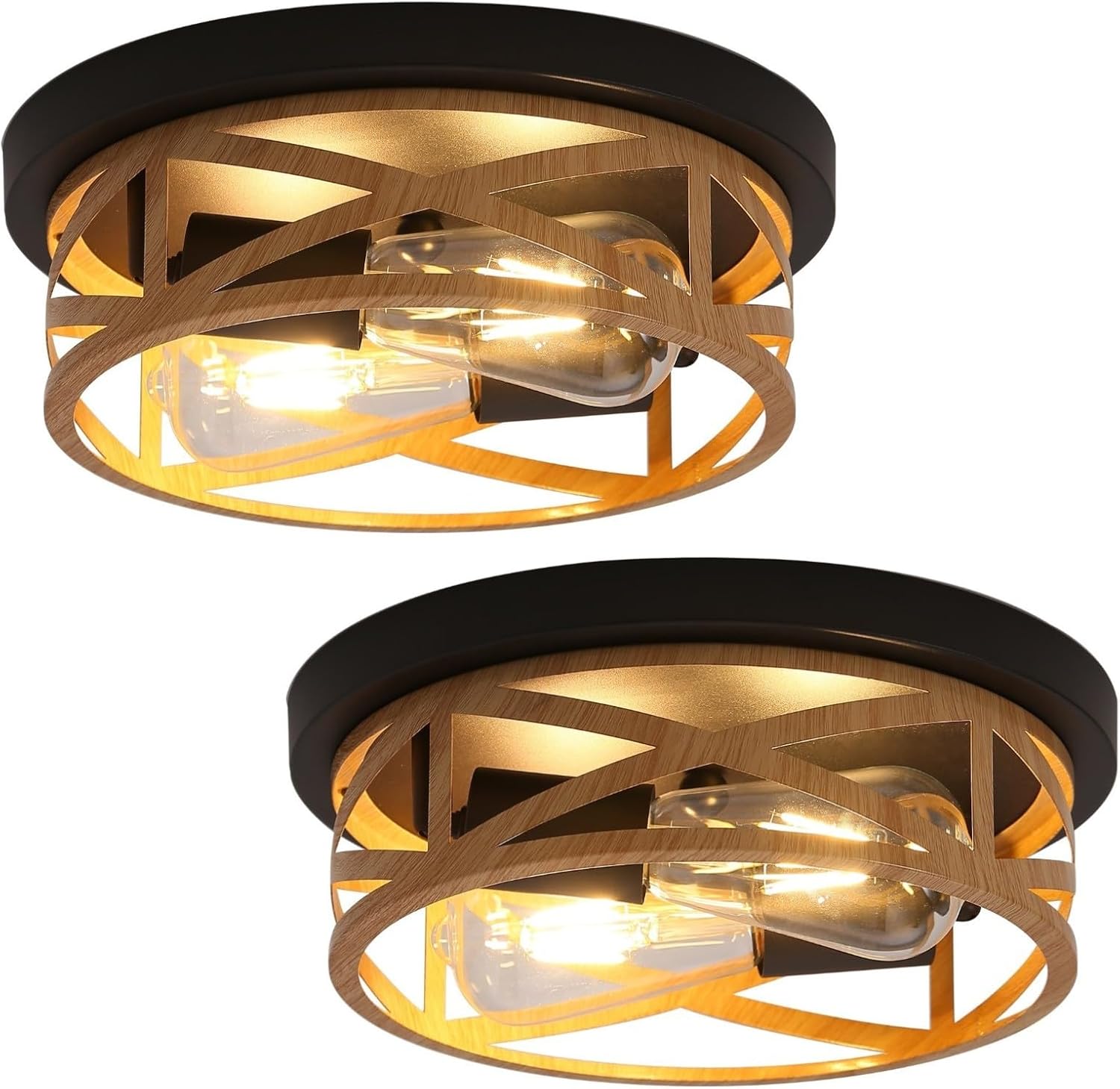 2 Pack Close to Ceiling Light Fixtures, 2-Light Indoor House Flush Mount Ceiling Light, 11 Inch Metal Cage Cross Wood Finish Farmhouse Ceiling Lights for Kitchen Hallway Bedroom