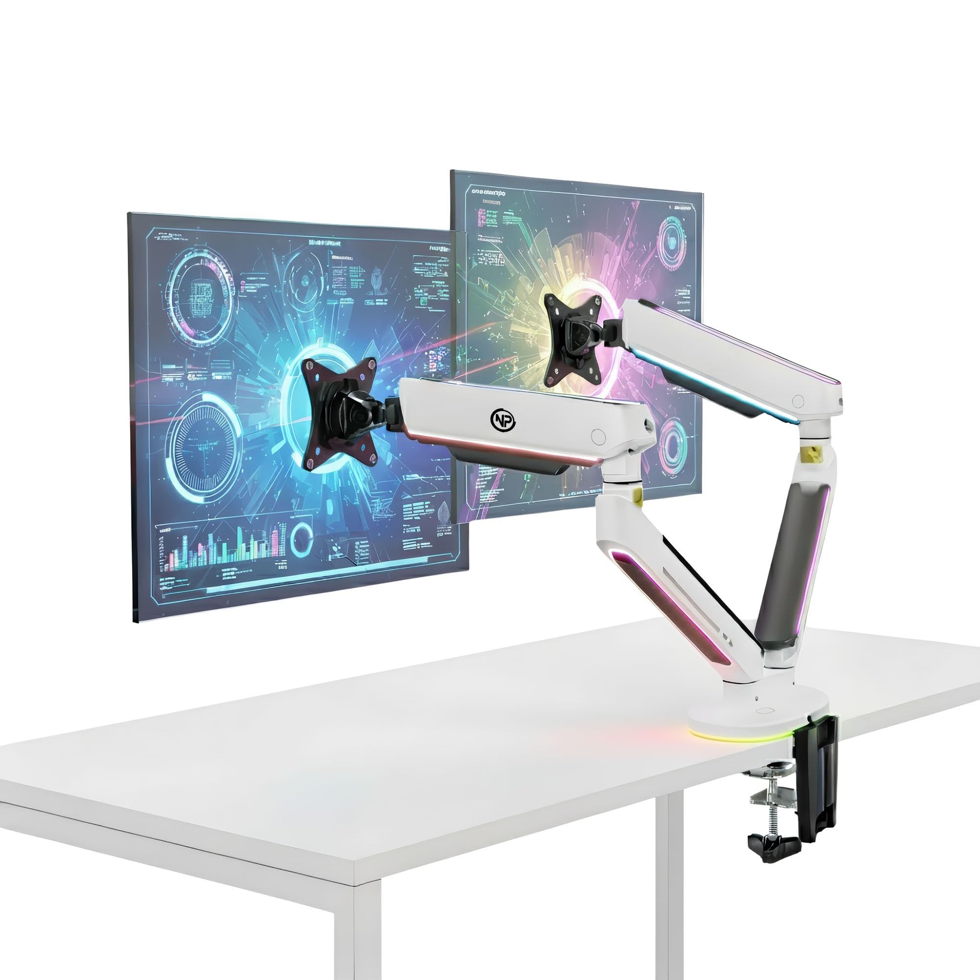 NPO Elysium STD54024HLW 27"-35" RGB Çiftli Oyuncu Monitör Kolu, Her Kolda 14kg Taşıyan, Amortisörlü İkili Gaming VESA Stand (Çift Kol)
