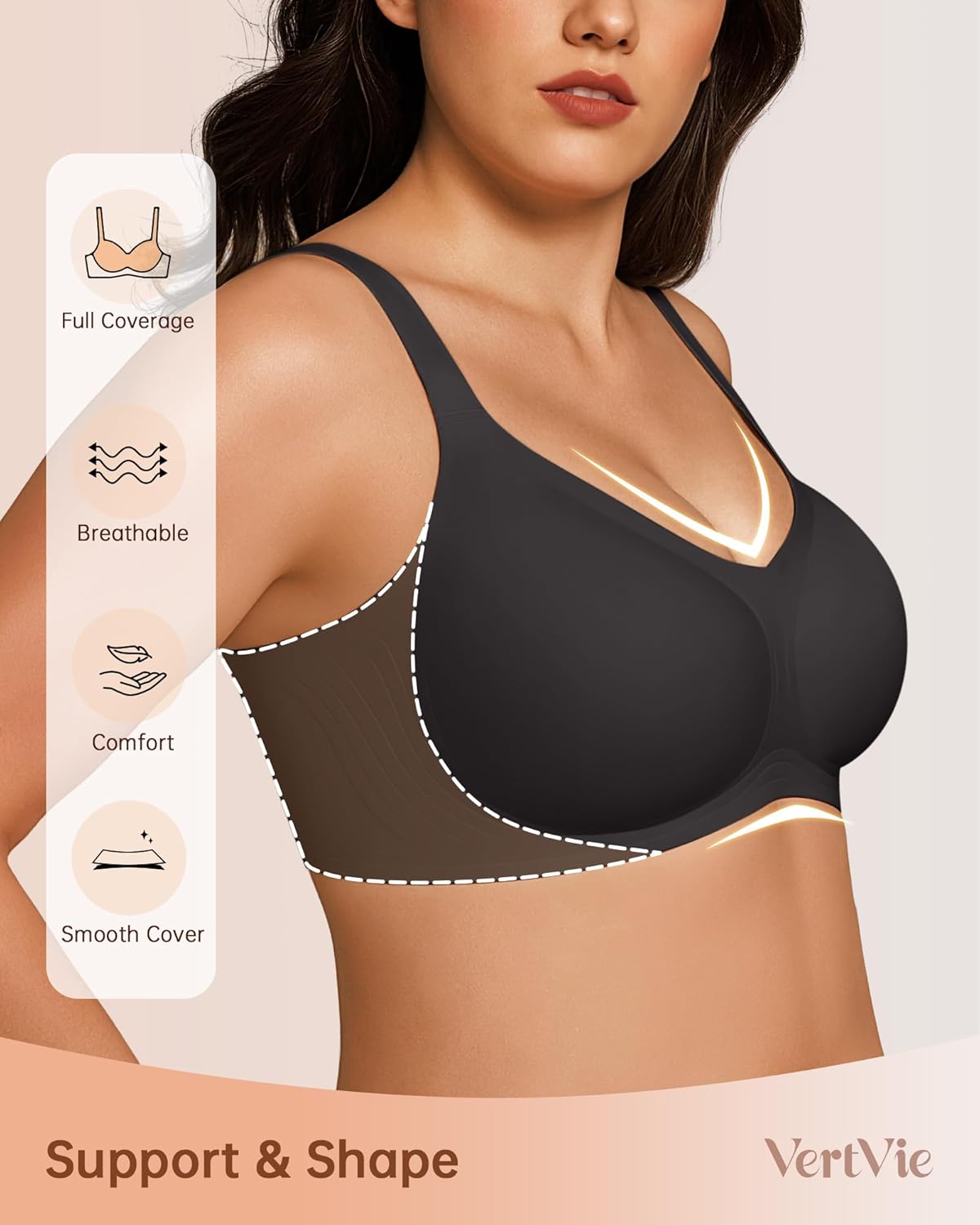 Vertvie Bras for Women No Underwire Wireless Support Bra Underarm-Smoothing Seamless Push Up Full Coverage T-Shirt Sports Bra - Image 2