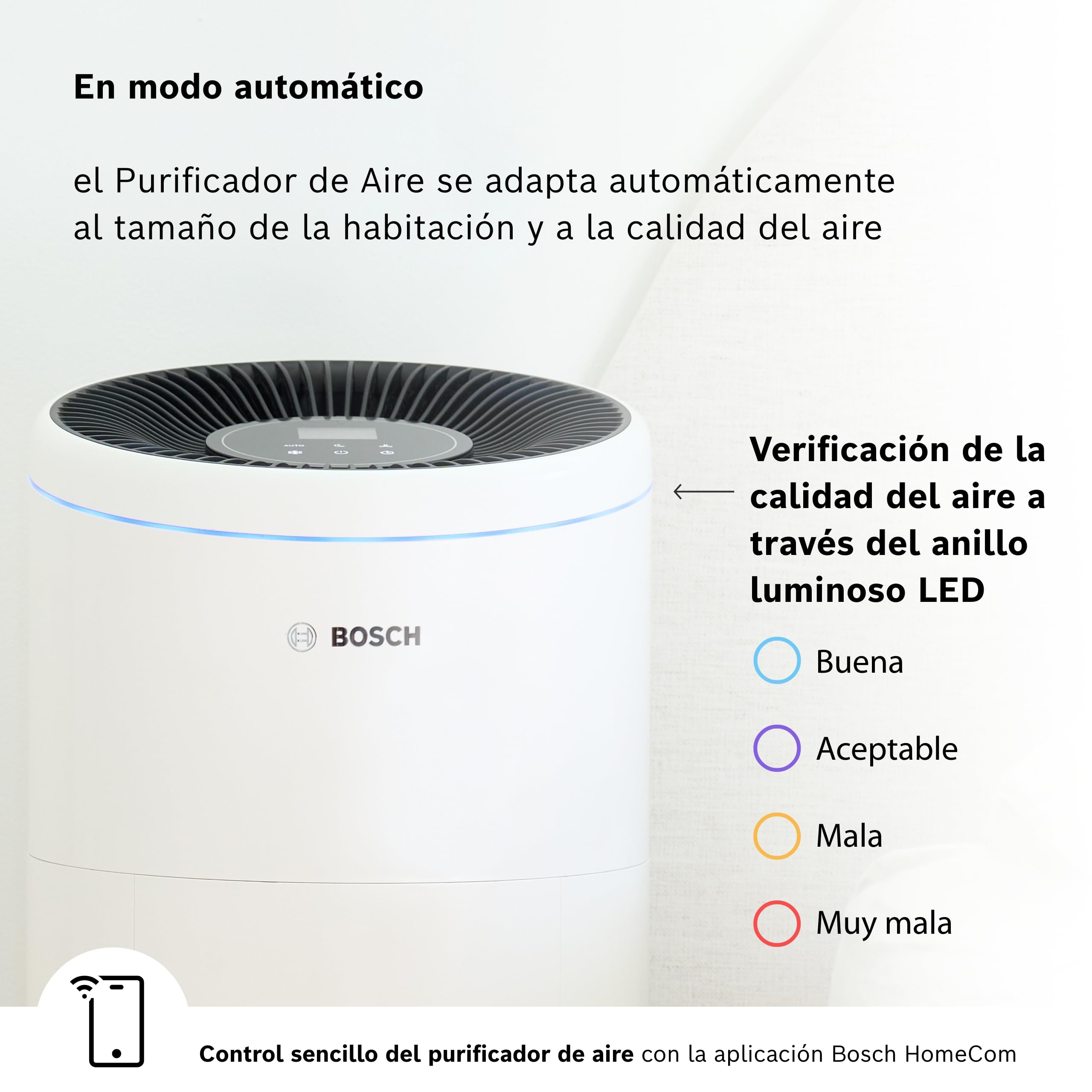 Bosch Air 6000i, Purificador de Aire con App, Hasta 125 m² | Con Filtro de Aire 4 en 1, Sensor Inteligente, Modo Automático, Modo Silencioso (< 25 dB(A)), CADR: 600 m³/h