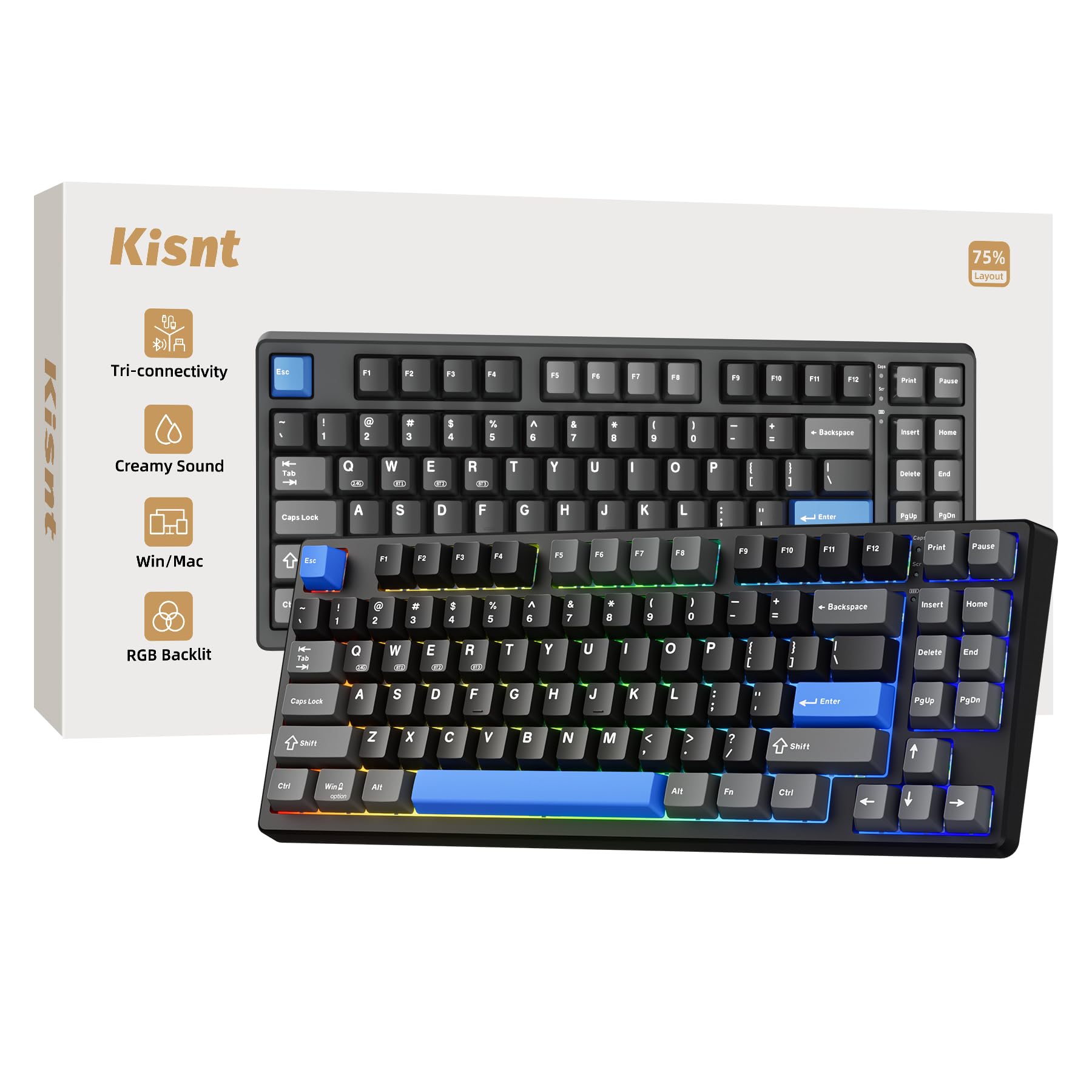 Kisnt KN85 Wireless Mechanical Gaming Keyboard, 75% Layout with RGB Backlit, Custom Hot Swappable, Creamy Sound, Bluetooth/2.4GHz/USB-C Compatible with Windows/Mac/PC (Textured Black,Linear Switch)