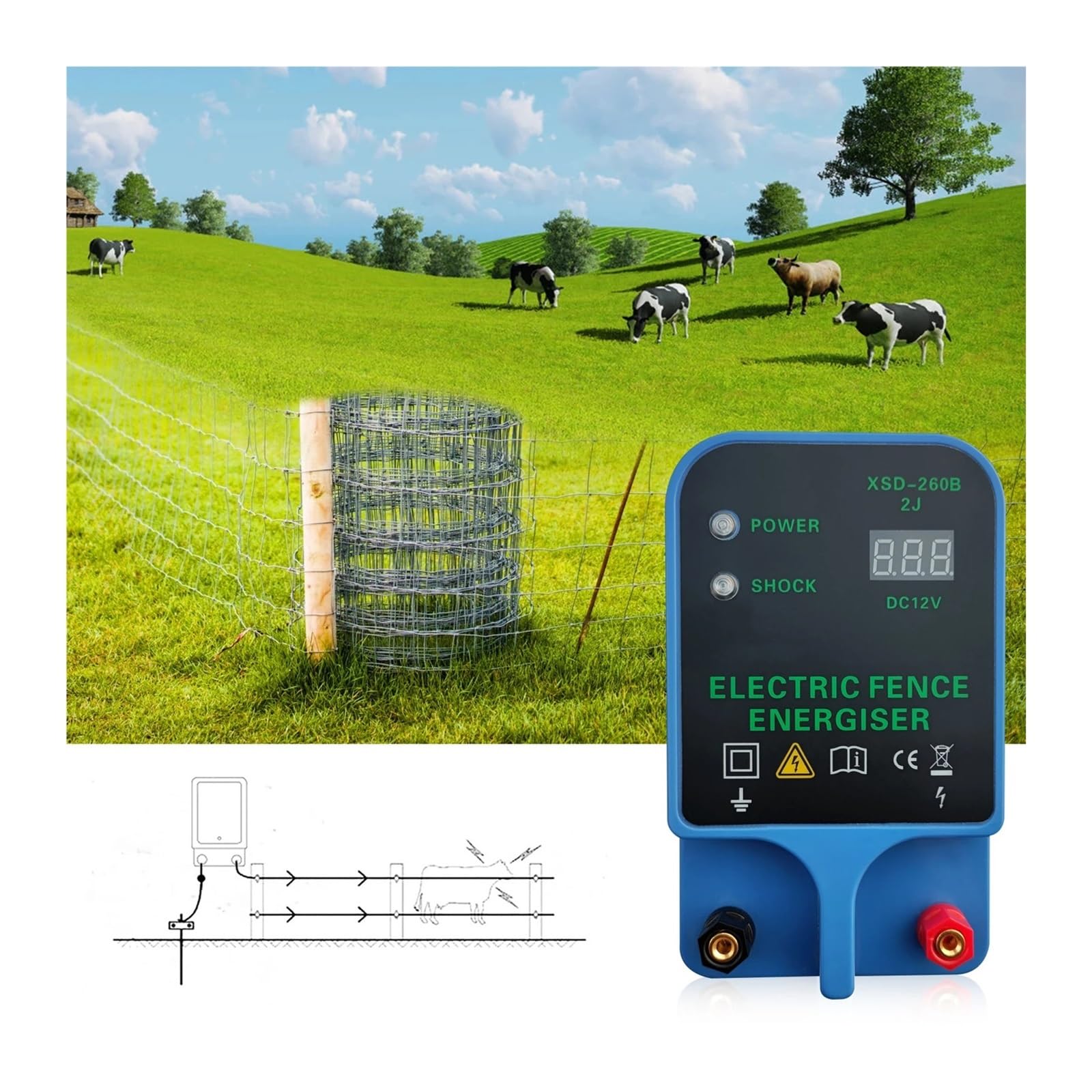 Pastor Electrico, Cerca eléctrica de 10 km for animales, energizador de pulso de 12 V con panel de visualización digital, aisladores y herientas for cercas eléctricas de granja.
