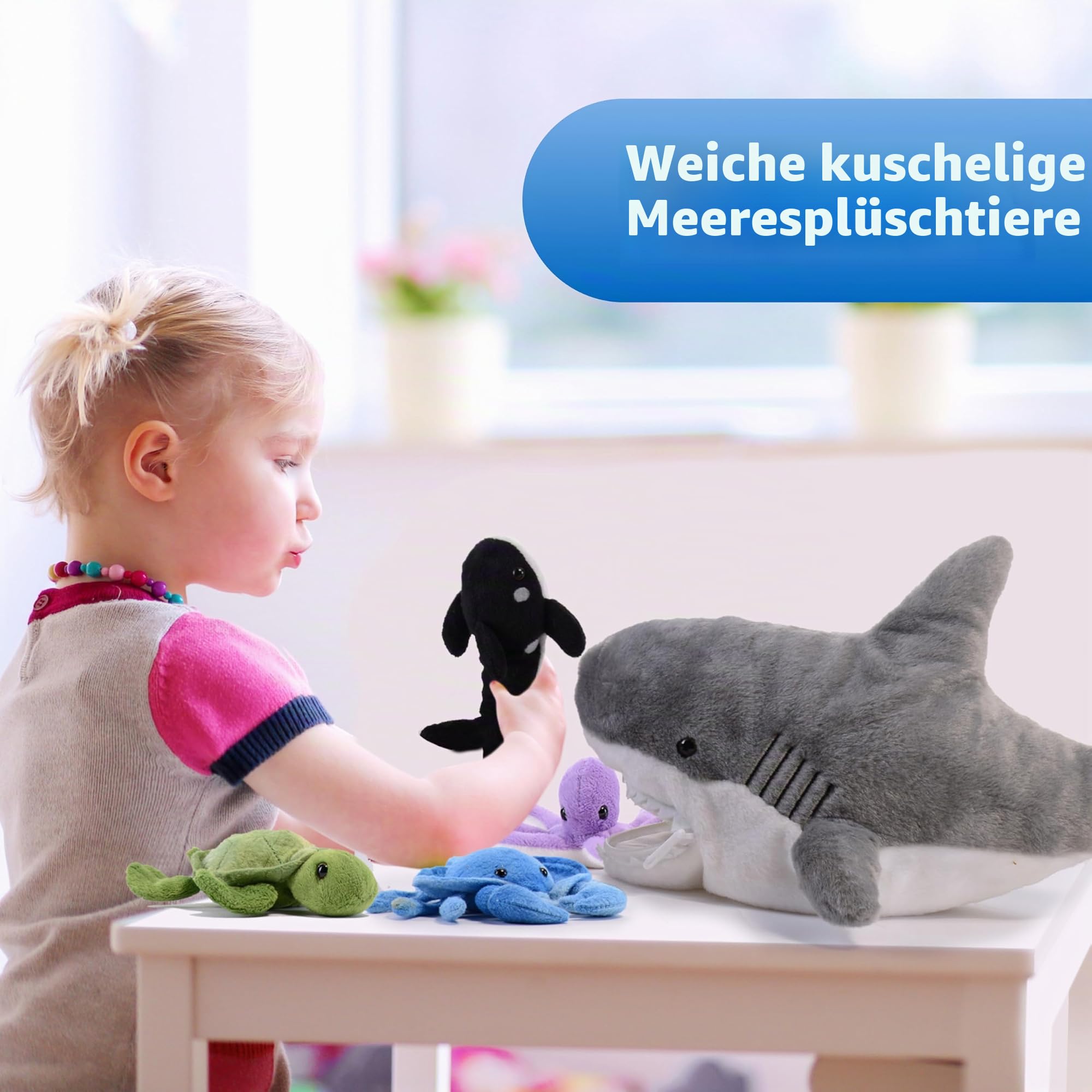 Prextex 38 cm großer Plüsch-Hai Plus 5 weiche Plüsch-Meerestiere, Kuscheltiere Stofftiere wie Oktopus, Krabbe, Schildkröte, Stachelrochen und Blauwal