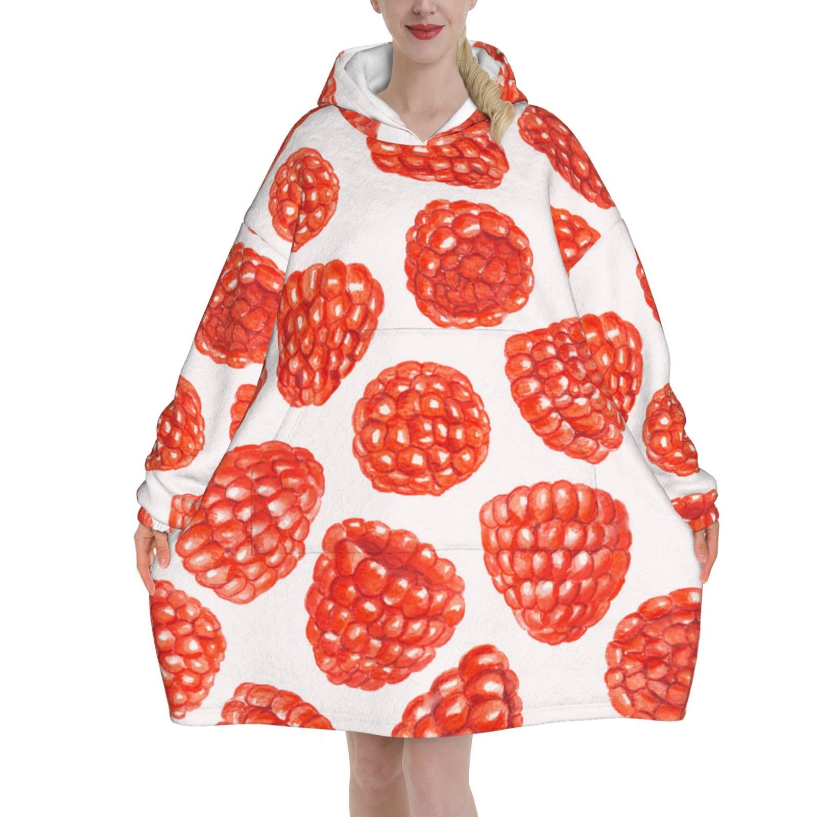 Poadnly Unisex As Picture Raspberry Pattern,Women's Oversized Wearable Blanket Hoodie, Blanket Sweatshirt,Flannel Pullover Blanket