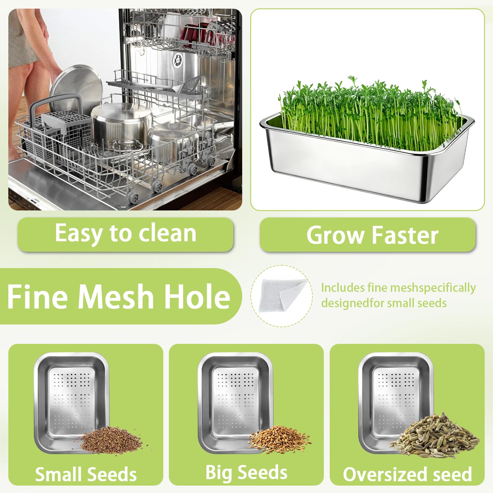 BRGD Juego de 2 Bandejas de Germinación, Bandejas de Acero Inoxidable para Cultivo de Brotes con Tela para Plántulas para Judías Verdes, Hierba Gatera, Vainilla y Perilla