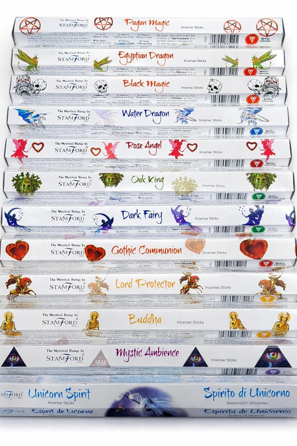 Stamford Mystical Incense Sticks 12 Pack Assorted Set with JRose Wooden Burner – 240 Sticks Total, 12 Fragrances, Incense for Meditation, Relaxation & Home Fragrance (Mystical 12)