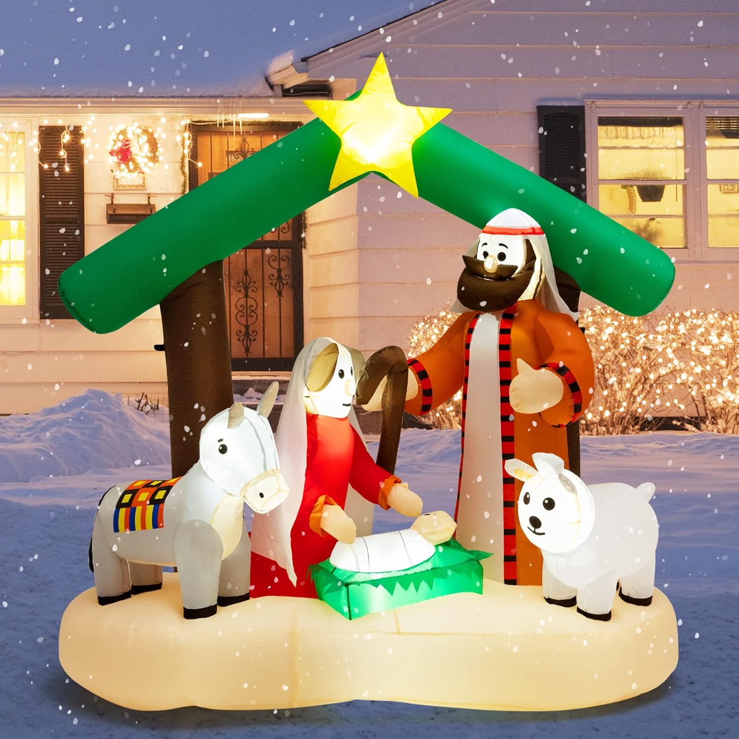 Tangkula 6.7 FT Christmas Inflatable Nativity Scene with LED Lights & Built-in Air Blower, Blow Up Yard Decoration, Birth of Christ, Inflatable Nativity with Ropes & Stakes, Outdoor Decorations