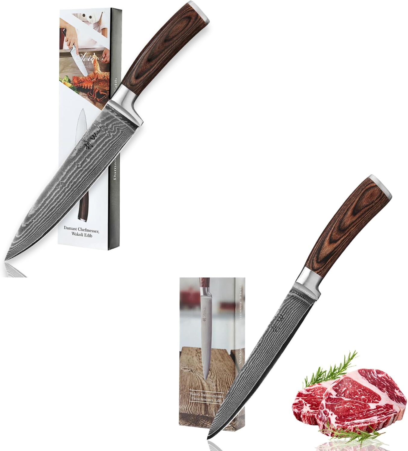 Wakoli Carving Knife 7-inch & Chef Knife 8-inch Blade Damascus Knive made from 67 Layers Damascus Steel with VG10 Core, Sharp Filleting Knofe with Pakkawood Handle, Kitchen Knife in Gift Box