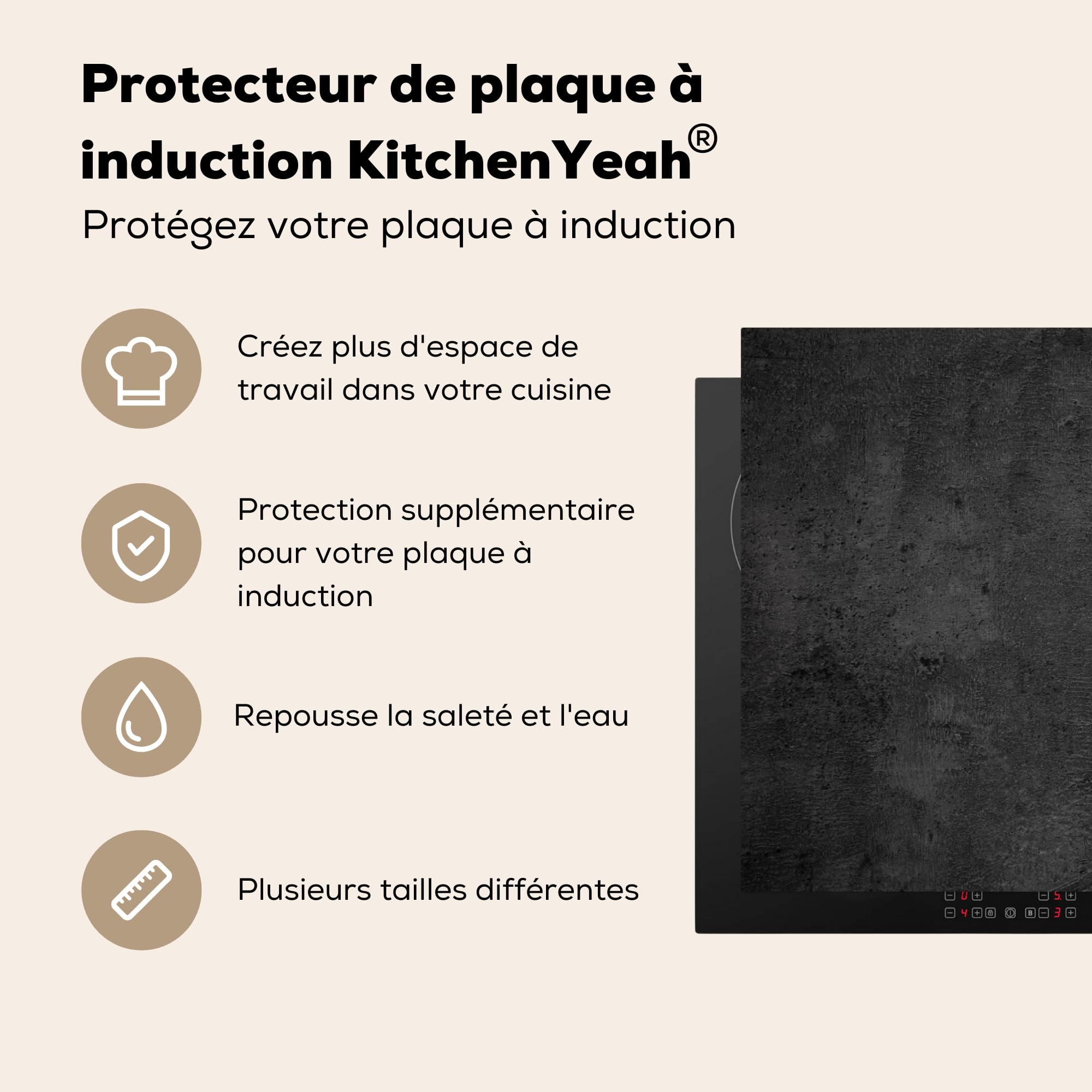 KitchenYeah Protection Plaque Cuisson Cache Induction 80x52 cm Béton Gris Noir