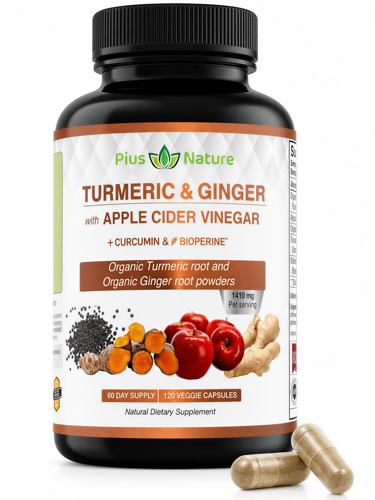 120 Capsules of USDA Organic Turmeric Root Powder, USDA Organic Ginger Powder and Apple Cider Vinegar Powder with Curcumin (95% Curcuminoids) and Bioperine, 1410 mg per Serving in Veggie Capsules 120 Count (Pack of 1)
