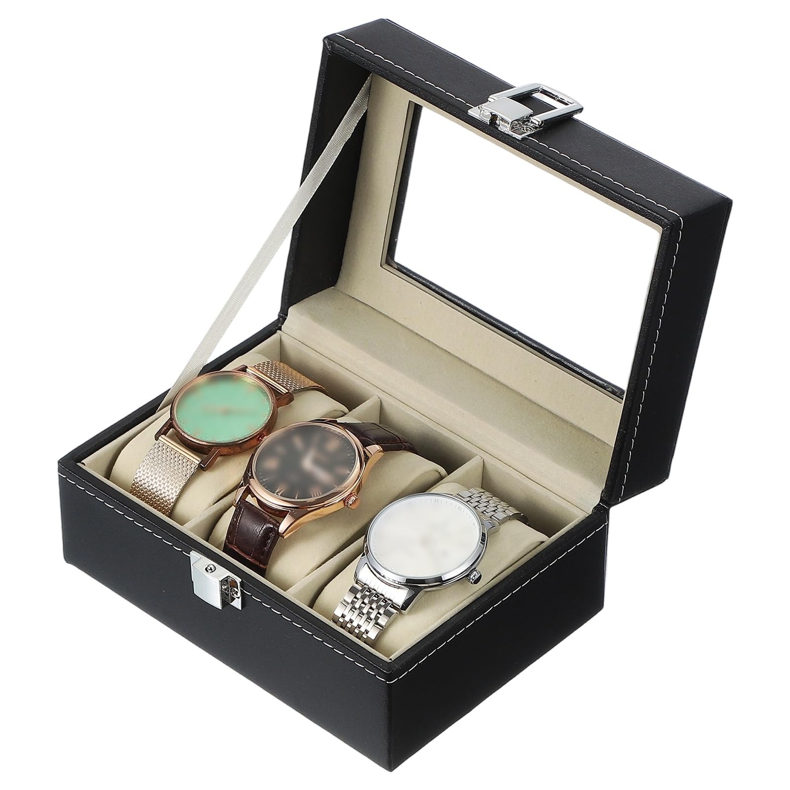 HVMBEUGOS sourcing map 3 Slot Watch Storage Box, Watch Box for Men with Glass Cover, Wooden Watch Box with Removable Watch Pillow, Black/Beige
