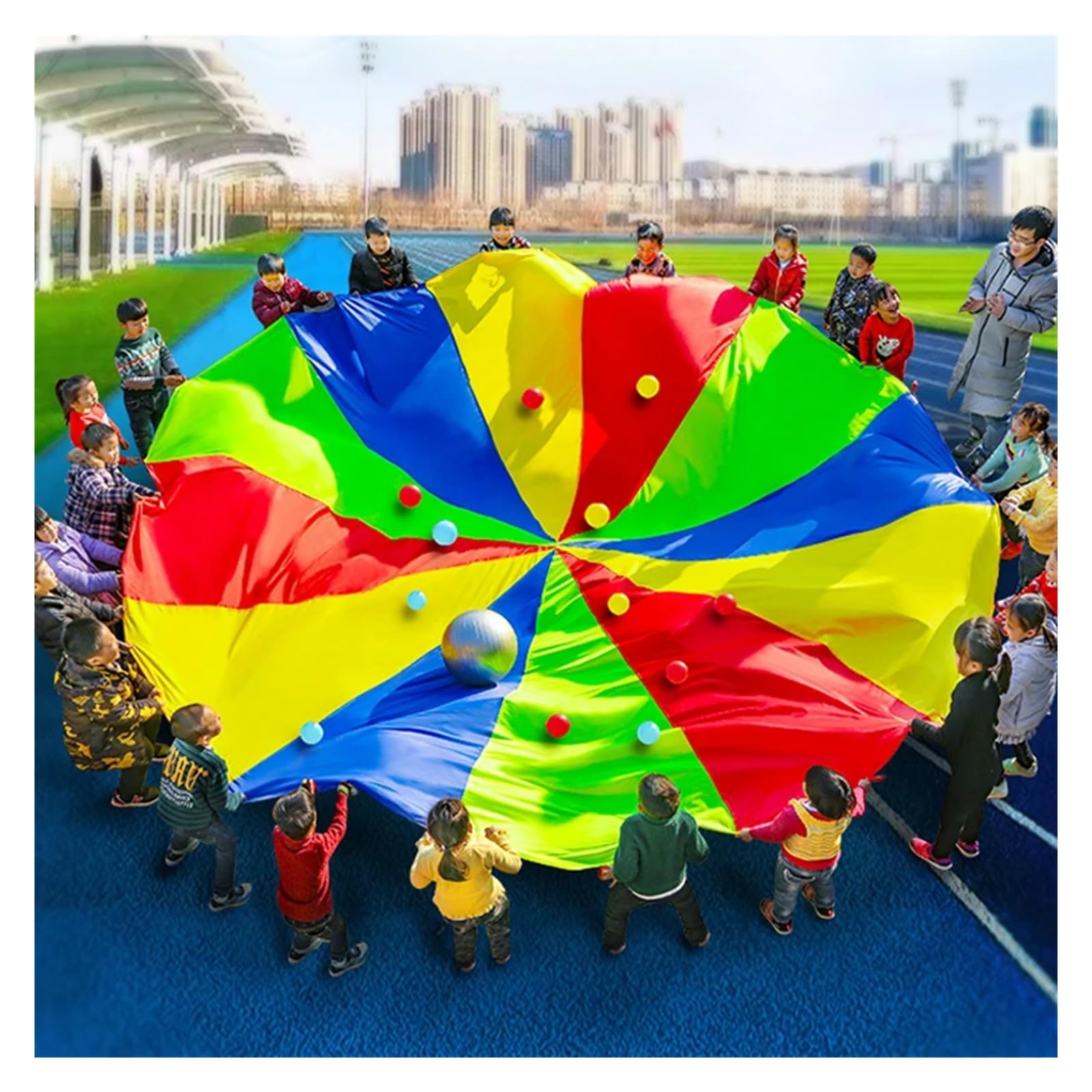 Spielen Fallschirm Regenbogen Fallschirm Spielzeug Zelt Outdoor Spiele Sport Sensorische Spielzeug Spielplatz Spaß Kooperative Aktivitäten for Geschenk für Hinterhof, Spielplatz(Diameter 5M)