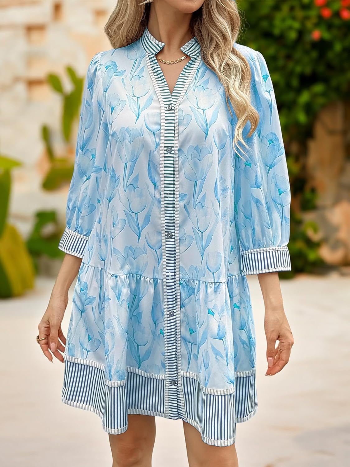 Wenrine Women's Floral Boho Mini Dress 3/4 Long Sleeve V Neck Casual Button Down Shirt Dresses - Image 2