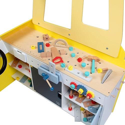 Miniatura 8 de Juego de madera de camión de construcción con más de 60 piezas de juguete, pernos y tornillos de sierra de martillo de simulación, sierra giratoria