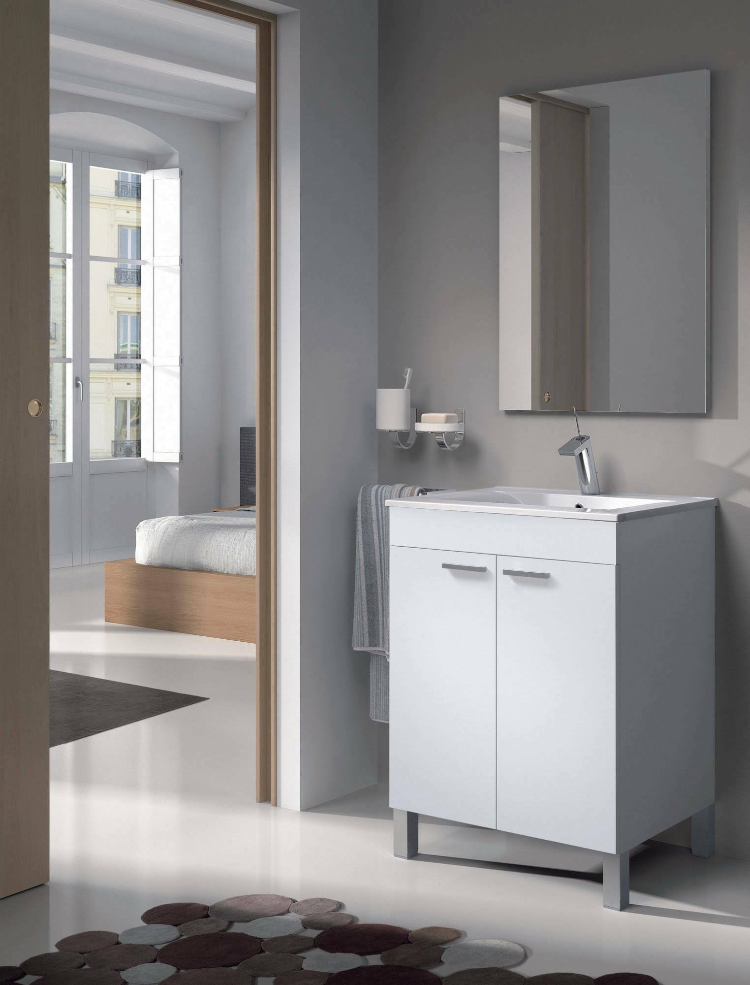Dmora - Mobile sotto lavabo NewYork, Mobiletto per bagno, Armadio a 2 ante con specchio, 60x45h80 cm, Bianco lucido
