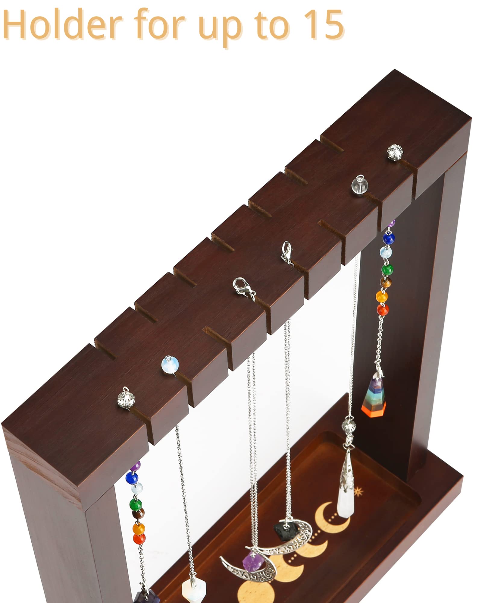 Mondphasen-Pendelständer mit Tablett, Holz-Wicca-Kristallhalter für bis zu 15 Pendel, Hexenzubehör, Hexen-Organizer für Räucherstäbchen, Ladehalskette, Heilstein-Rack