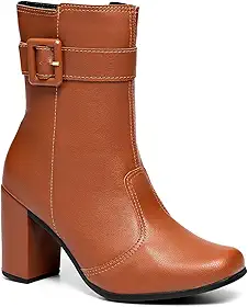 Bota Feminina Salto Alto Bloco Fivela Bico Quadrado