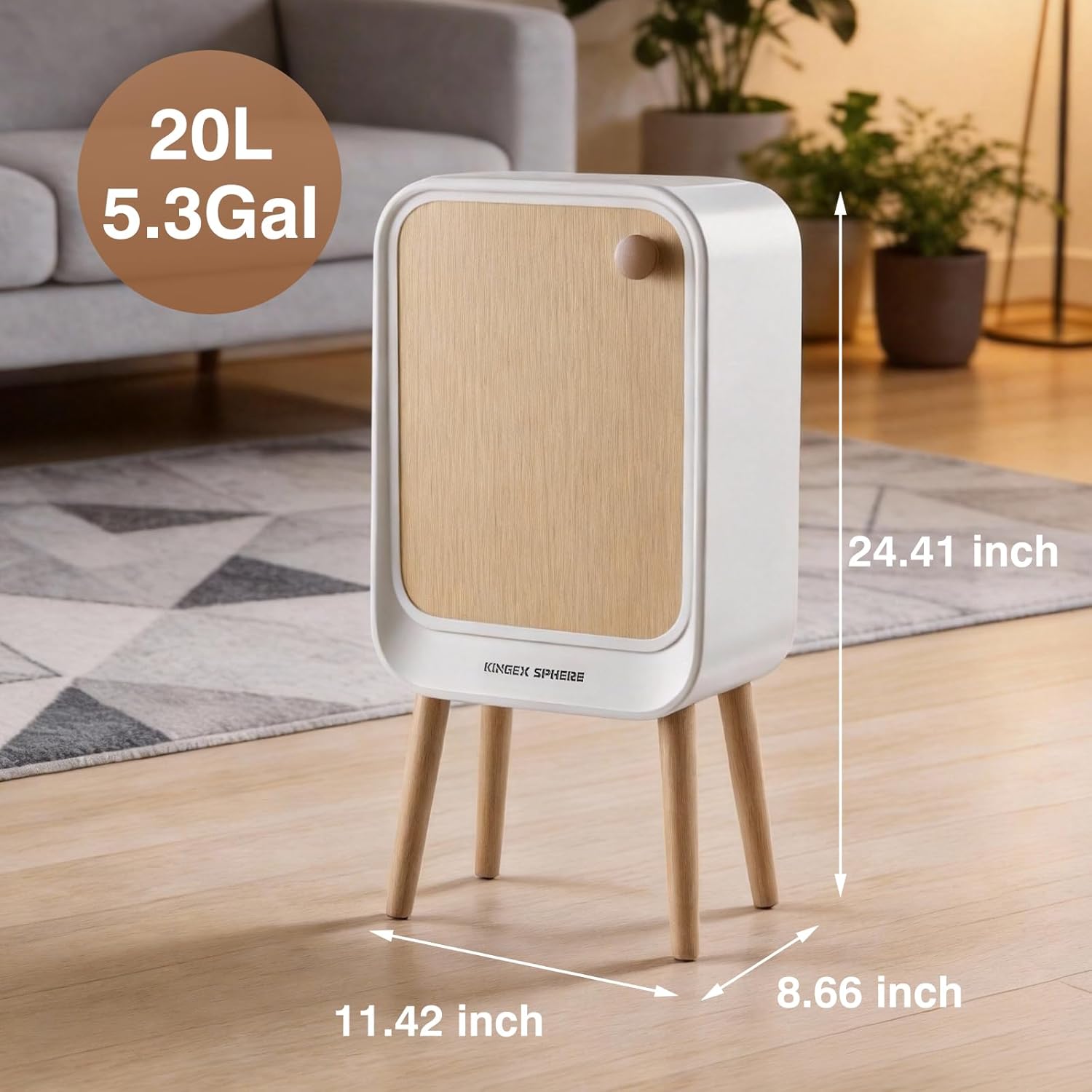 Motion Sensor Touchless Trash Can for Living Room Bedroom, 5.3 Gallon/20L Automatic Stainless Steel Slim Tall Garbage Can with Butterfly Lid&Legs, Wood Color