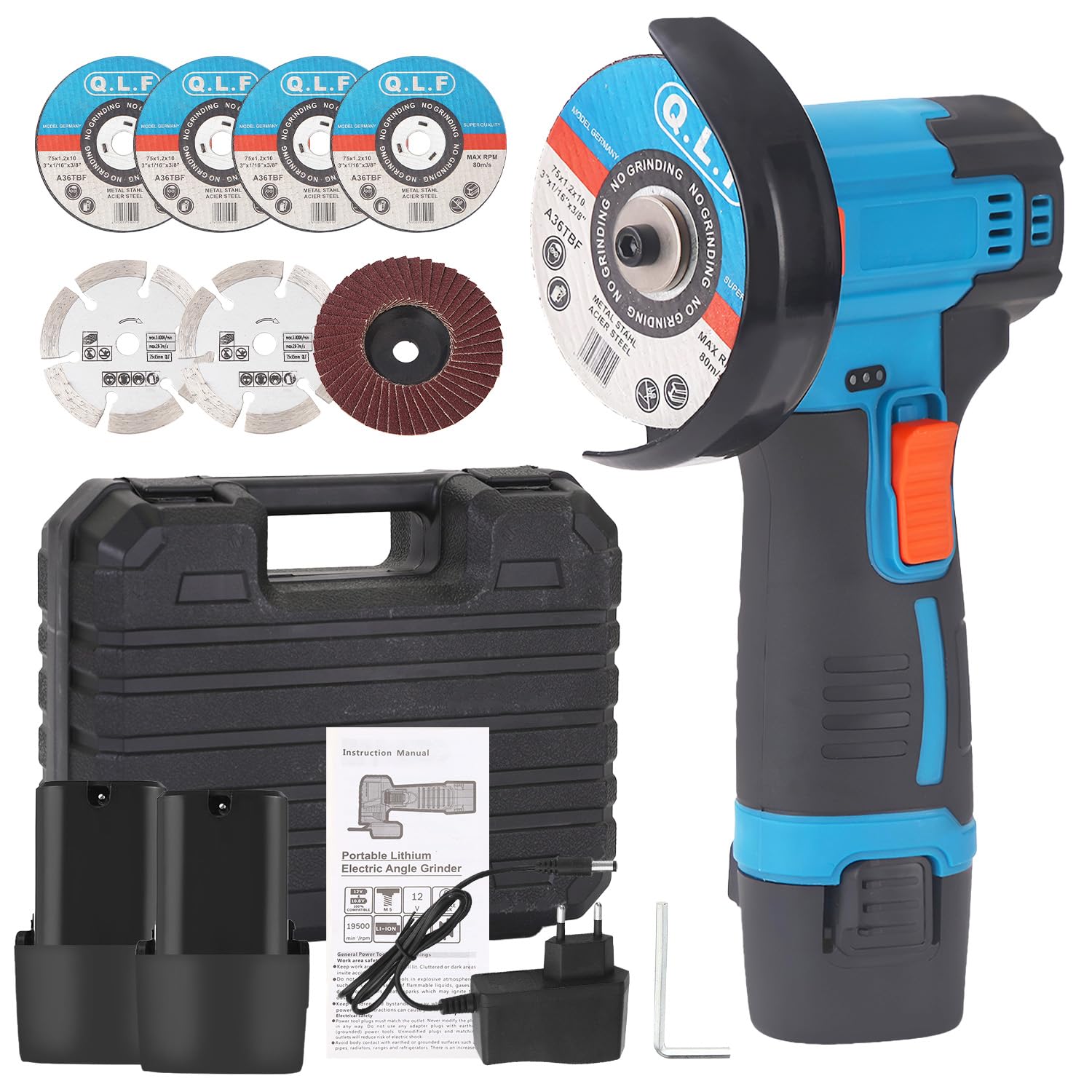 Mini Meuleuse D'Angle Sans Fil 19500RPM 12V Professional Disqueuse Sans Fil avec 2 batteries 4500mAh, 7 Disques à Tronçonner 75mm, Meuleuse d'angle pour Meuler et Polir, Couper