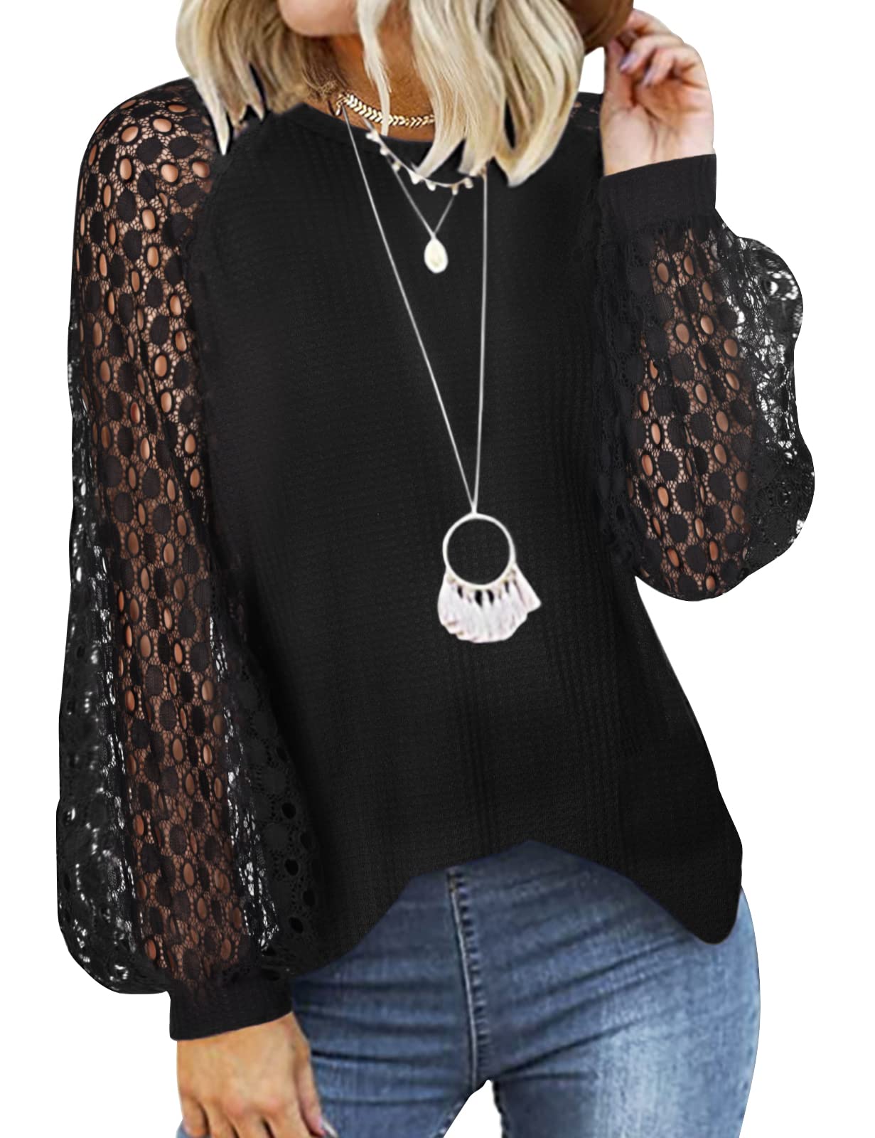 Tuopuda Camisetas de Manga Larga para Mujeres Camiseta de Encaje Waffle de Cuello Redondo Casual Sueltas Blusas Tops