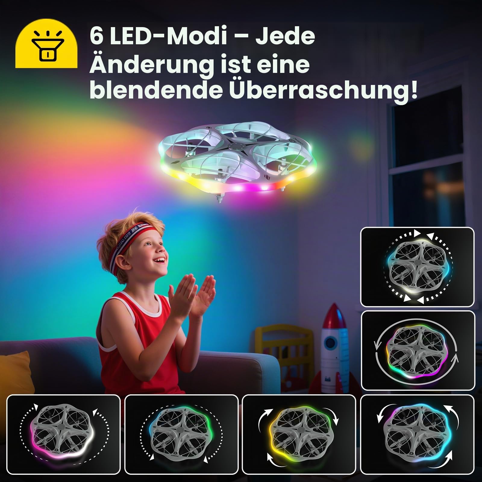DEERC D13 Mini-Drohne für Kinder mit Hinderniserkennung, 6 LED-Lichtmodi, kleines UFO-Spielzeug, 3 Akkus für längere Flugzeit, Wurfstart, 3D-Flips, Geschenk für Jungen und Mädchen von 6–12 Jahren