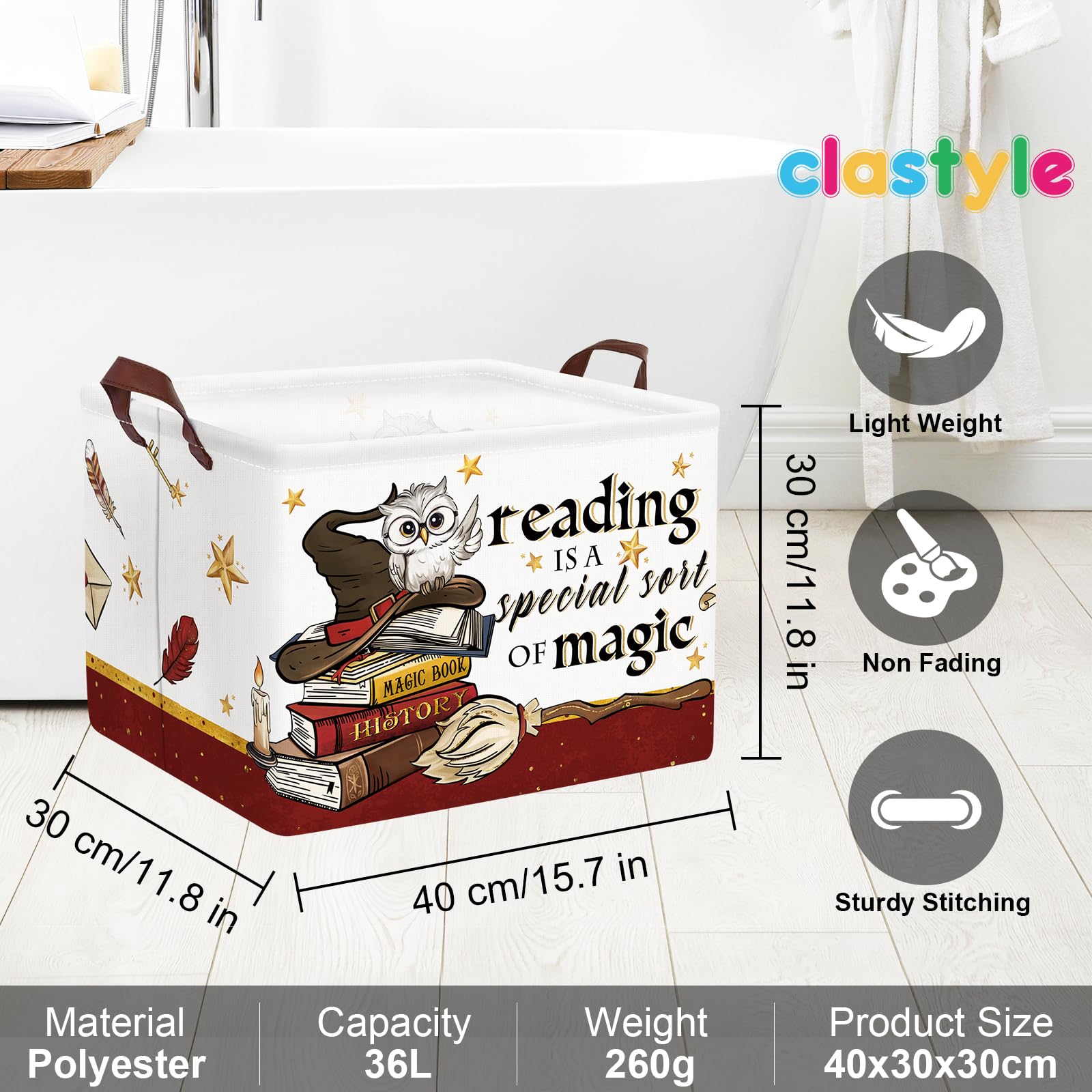 Clastyle Magic Nursery Decor Baby Gift Basket Kid Large Feather Hat Book Shelf Basket Broomstick Collapsible Rectangle Clothes Toy Bin,Wand Owl,40 * 30 * 30 cm