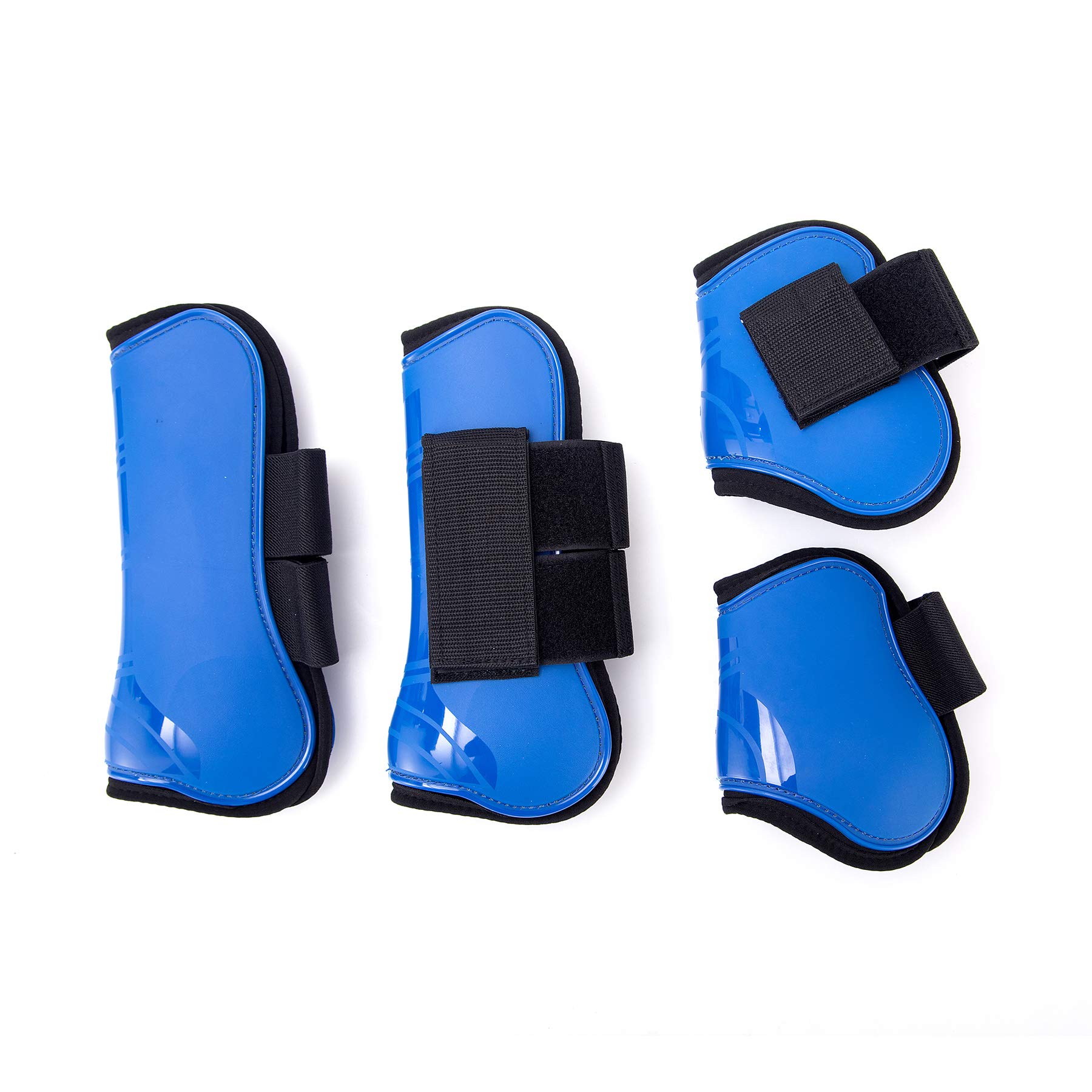 Merauno® Juego de 4 polainas para caballos, para la parte delantera y trasera rígida y cierre de velcro, para hombre y mujer, de poliuretano, resistentes, elásticas, clásicas, color azul