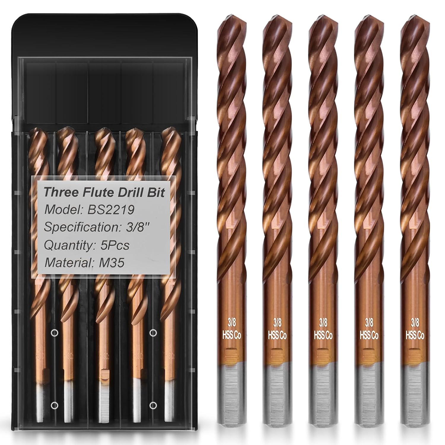 3/8" Three Flute Cobalt Drill Bit Set, M35 Metal Drill Bits with Three-Flat Shank and 135 Degree Split Point, for Hardened Metal, Stainless Steel, Cast Iron, Plastic & Wood, 5-Piece