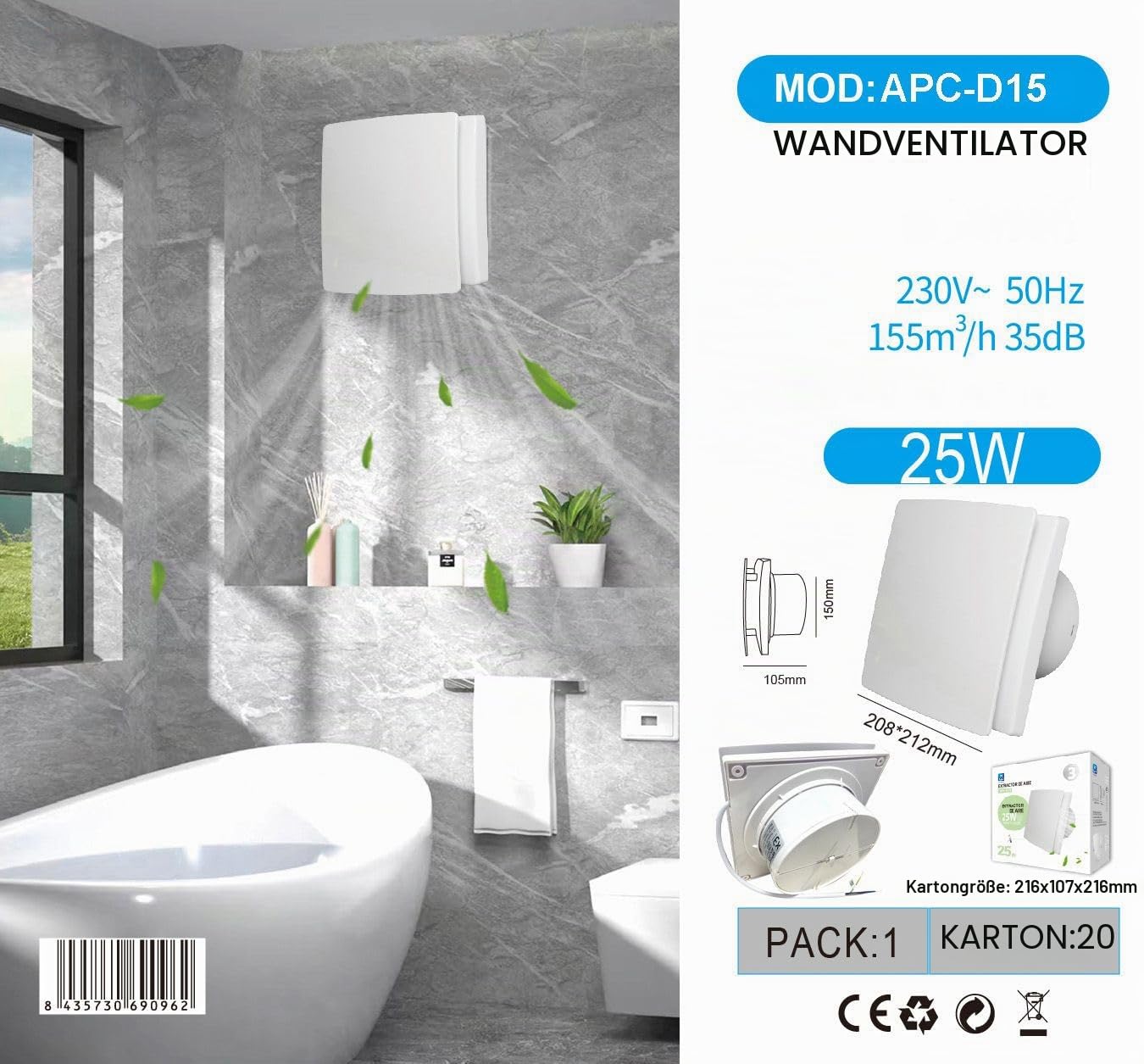 Bad-Abluftventilator, 212 x 208 mm, Bohrung 150 mm, Tiefe 105 mm, 25 W 230 V 50 Hz, 155 m³/h 35 dB