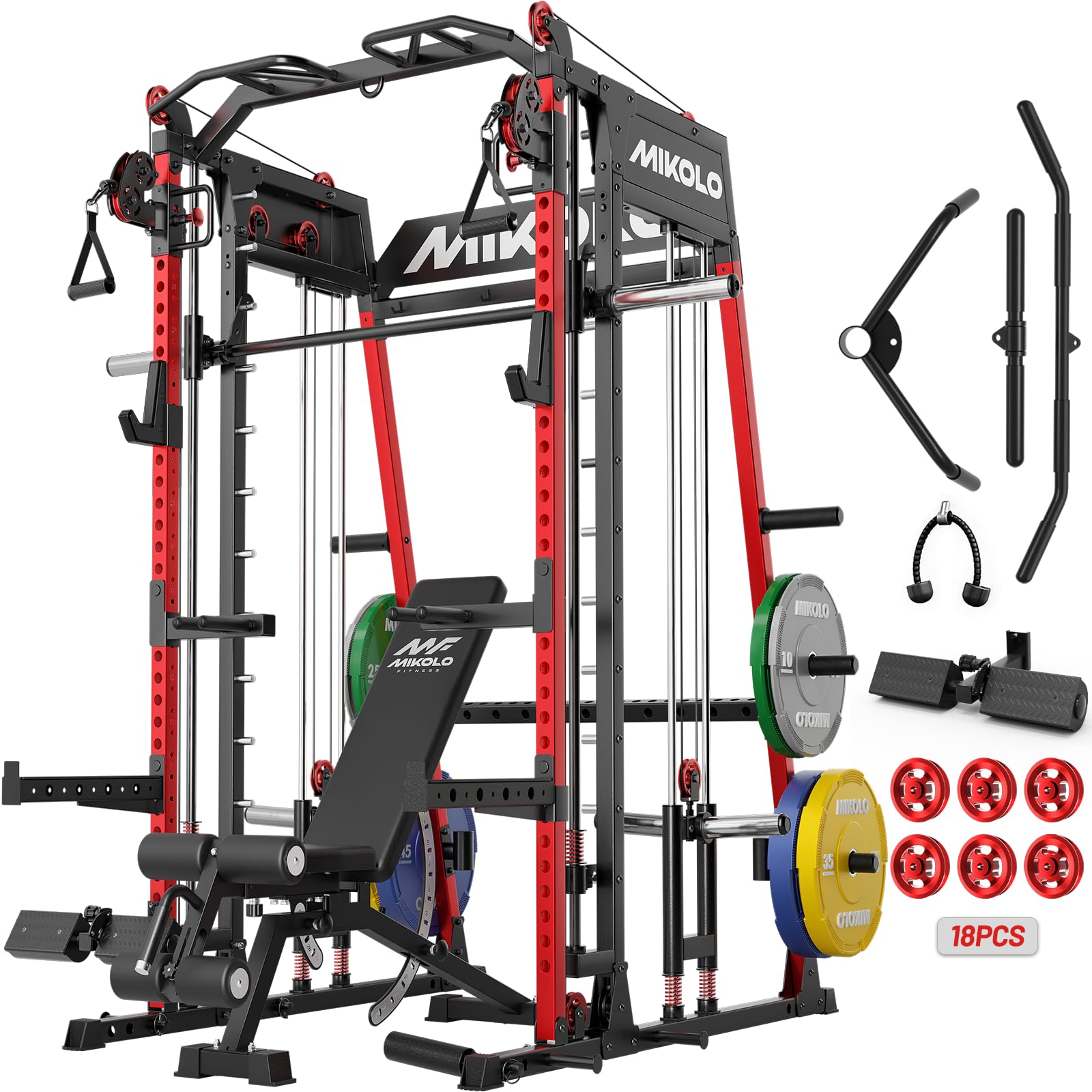 Mikolo M4 2.0 Smith Machine, 2200lbs Squat Rack with LAT-Pull Down System &amp; Cable Crossover Machine, Training Equipment with Leg Hold-Down Attachment