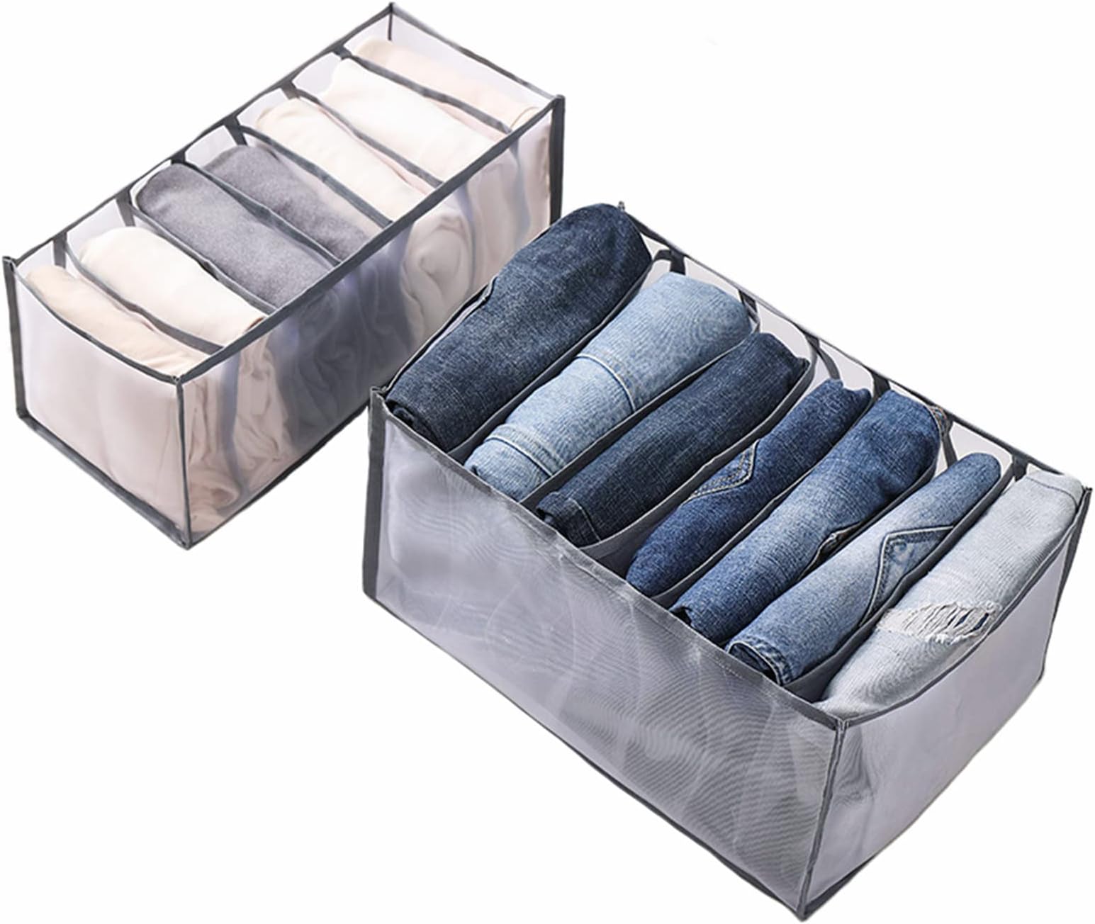 MINSIR 2Pcs Wardrobe Clothes Organiser, Foldable Wardrobe Storage Organiser, 7 Grids Jeans Storage Organiser, Washable Drawer Organiser for Trousers, T-Shirt, Skirts, Leggings, Grey