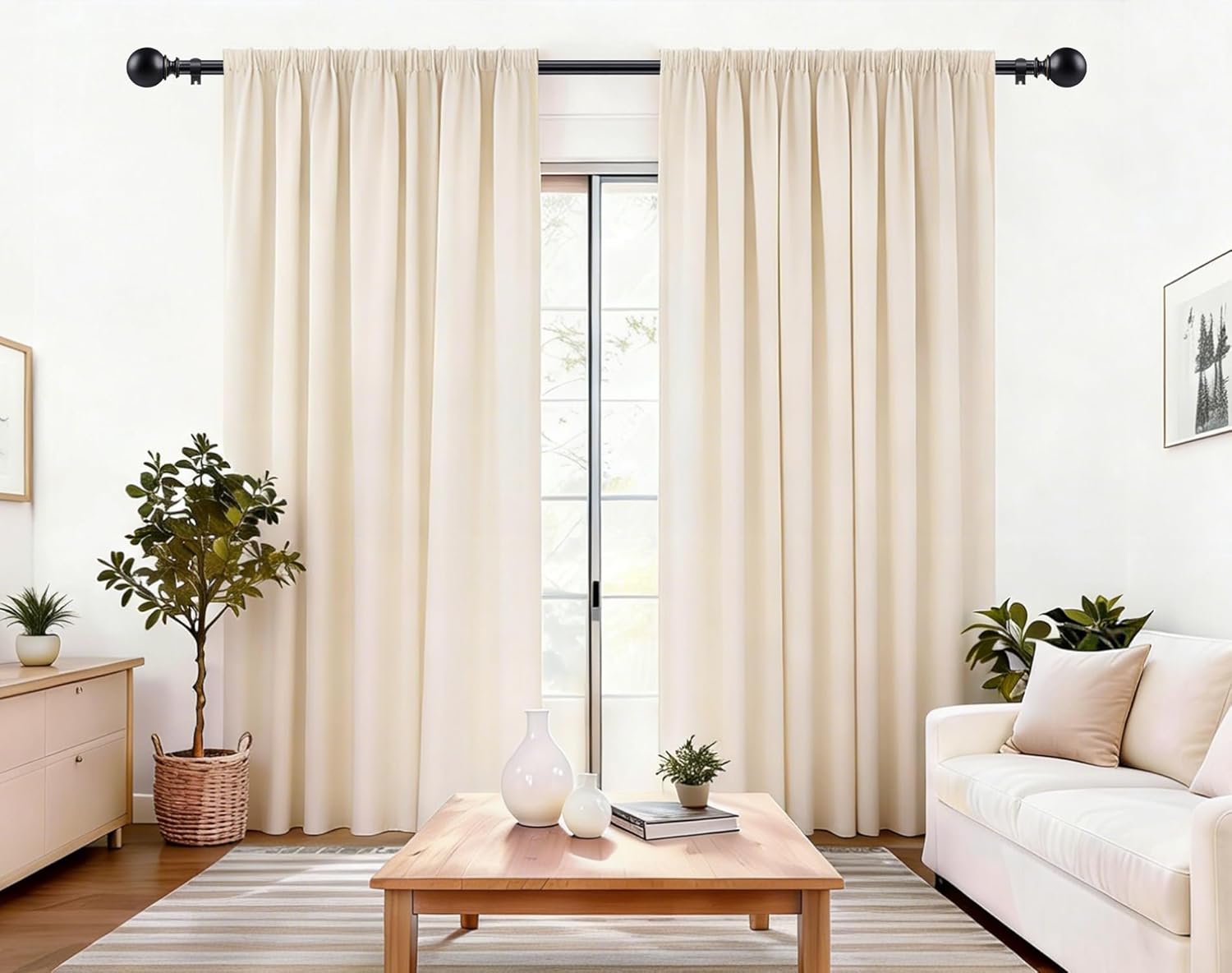 KAMANINA Bundle of 66-120" Curtain Rod and Matched Holdbacks 1 Pair, Round Ends, Black