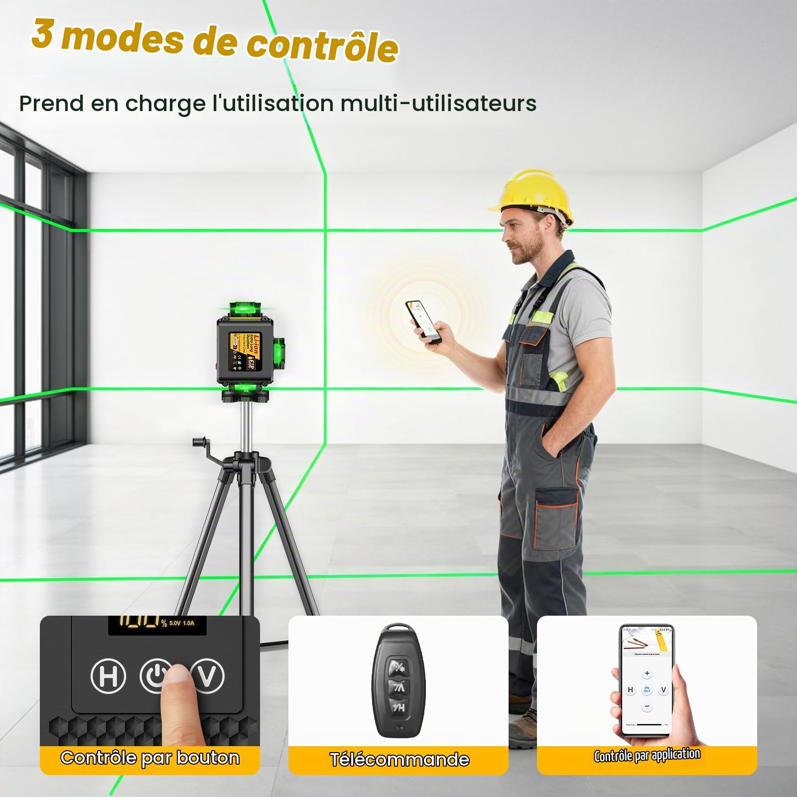 Niveau Laser avec Trepied 4 x 360°, 4D 16 Lignes Laser Chantier avec 2x4800mAh Batterie, Niveau Laser 360 Autonivelant avec Affichage LED, Télécommande, APP, IP54 Étanche et Anti-Poussière