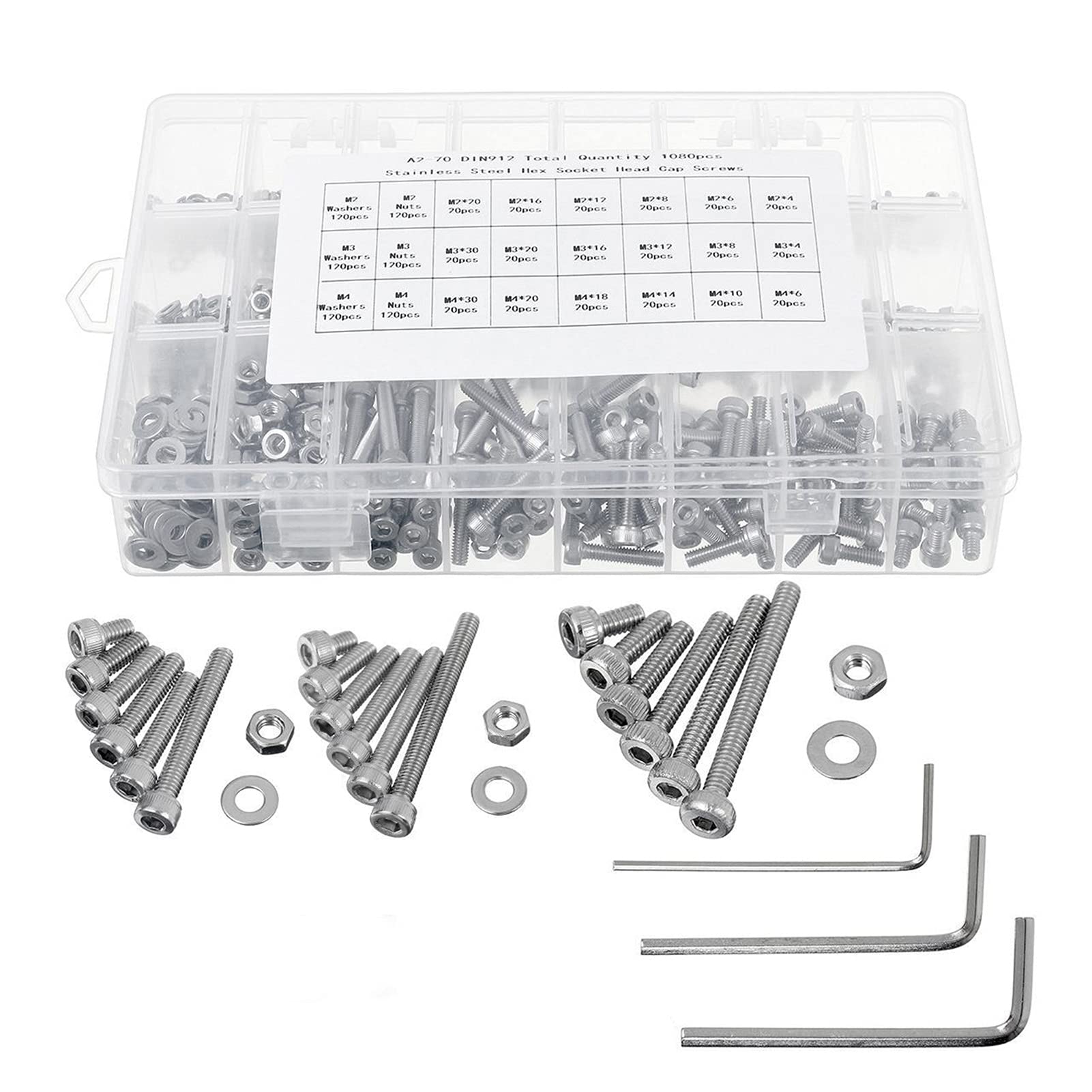 yaoqijie 500/ 1080pcs M2 M3 M4 M5 Juego de tornillos de zócalo hexagonal de acero al carbono Tornillos de cabeza redondos planos Tornillos de tornillos y tuercas Kit de surtido con caja de almacenami