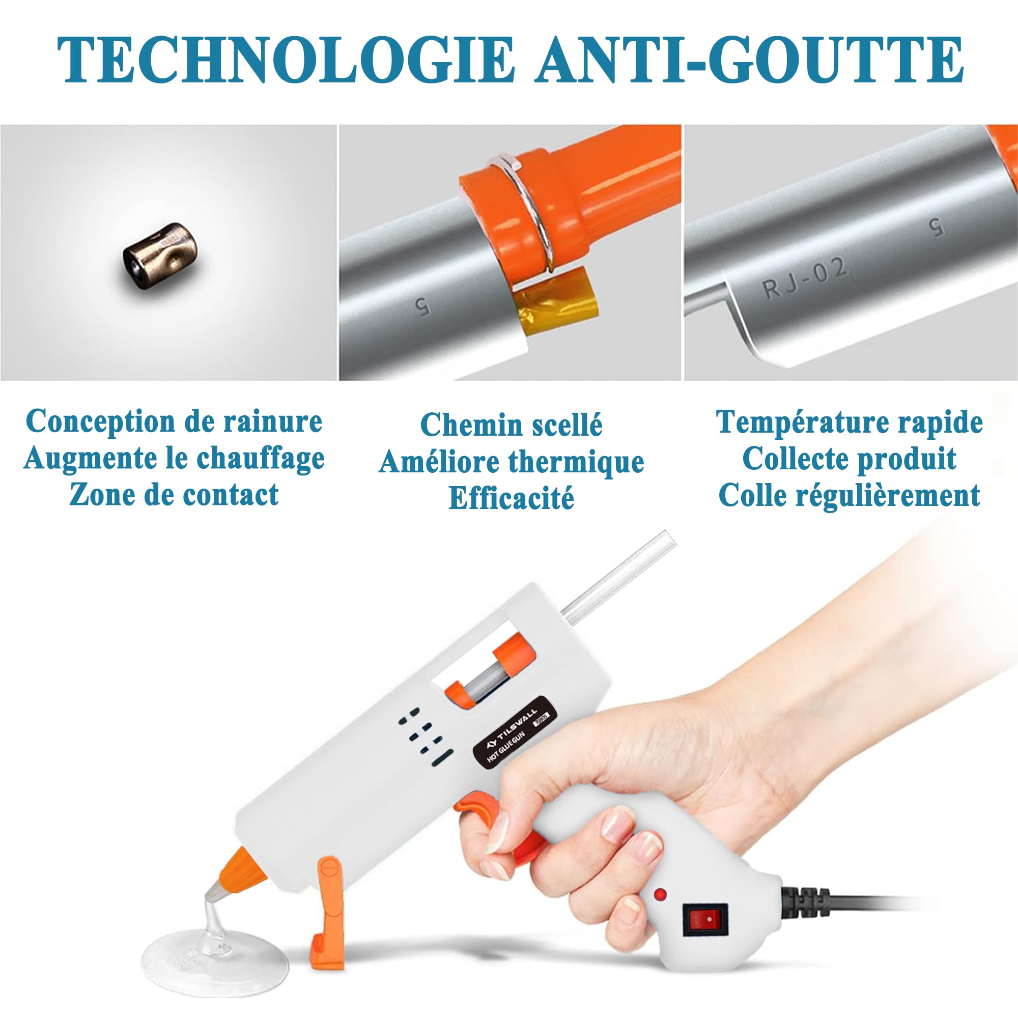 Pistolet à colle 50W Tilswall, 75pcs bâtons colle de pistolet a colle chaude, Chauffage rapide et sûr Anti-goutte, Pistolet Colle idéal Pour DIY l'artisanat, Accueil Bureau Réparation scolaire
