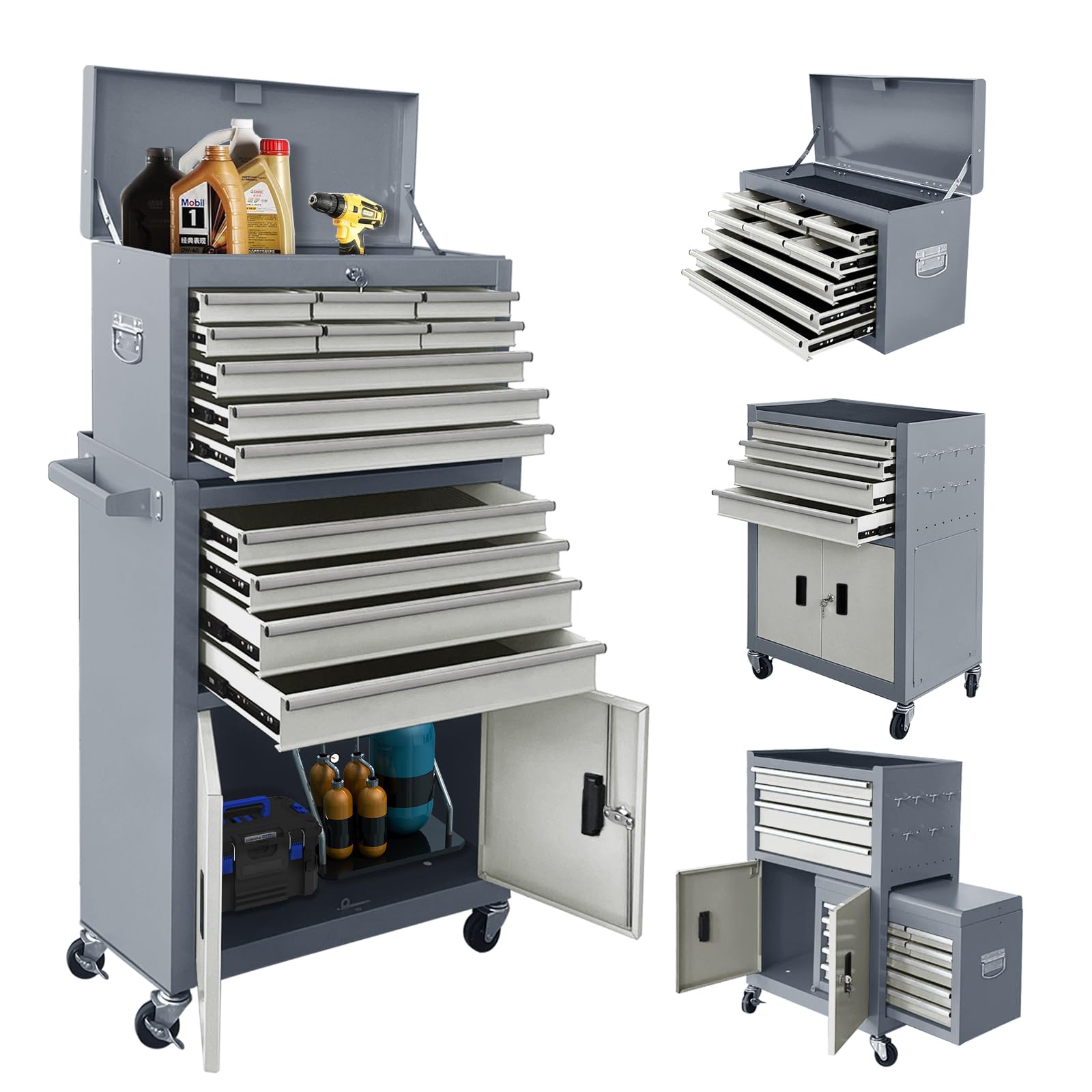 Sormols 13-Drawer Rolling Tool Chest with Double Doors, 2 in 1 Detachable Rolling Tool Chest with Drawers, Mobile Tool Cabinet Combo, Metal Large