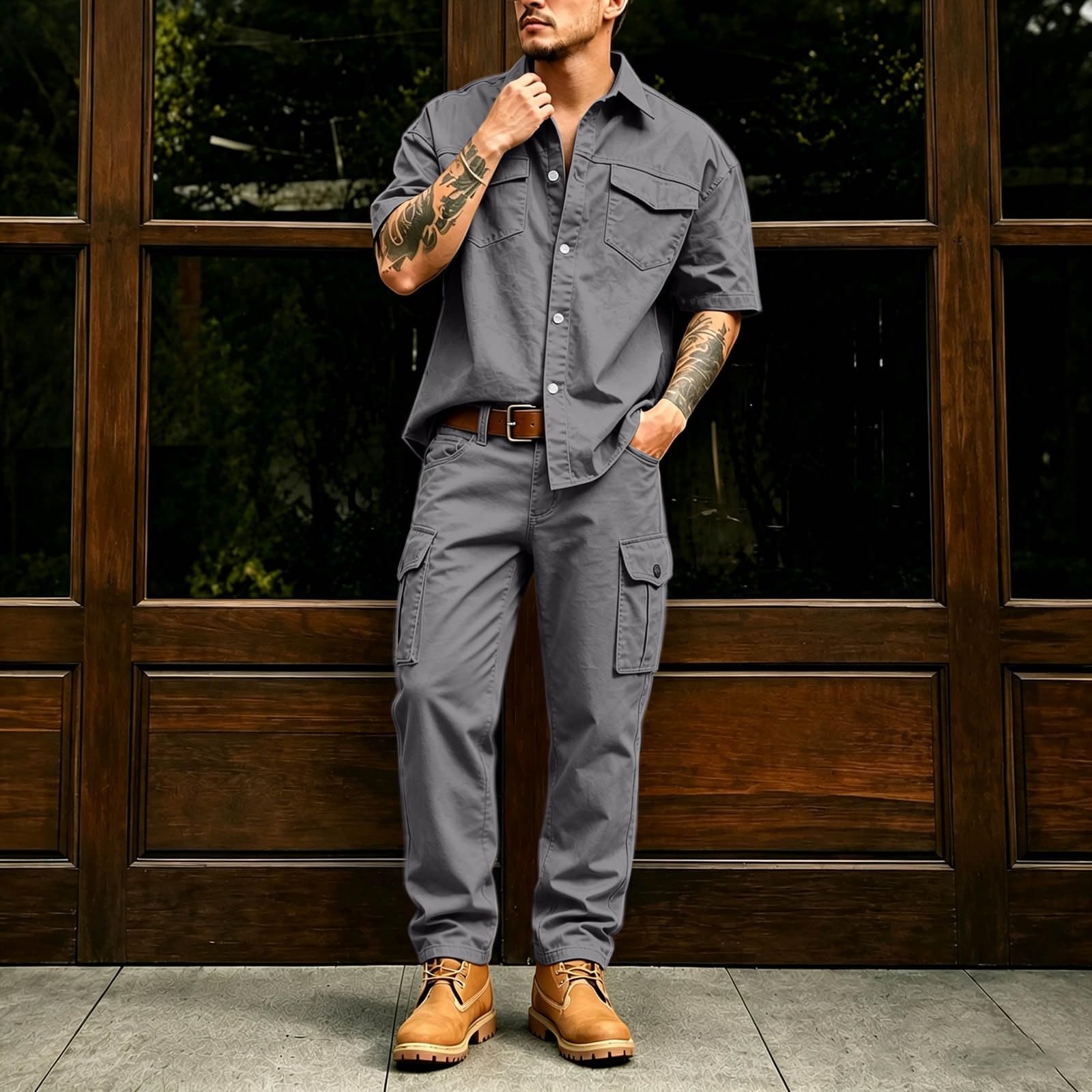 Tuta da jogging da uomo, pantaloni cargo corti | Camicia da lavoro da uomo con abbottonatura, multitasche, robusta, per giardinaggio, fai da te, all'aperto, leggera e comoda
