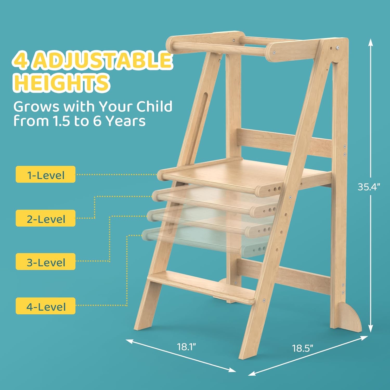 Cowiewie Foldable Toddler Tower, 4 Heights Wooden Standing Tower, Lock and Fold Safety, Space-Saving Fold, 18M-6Y